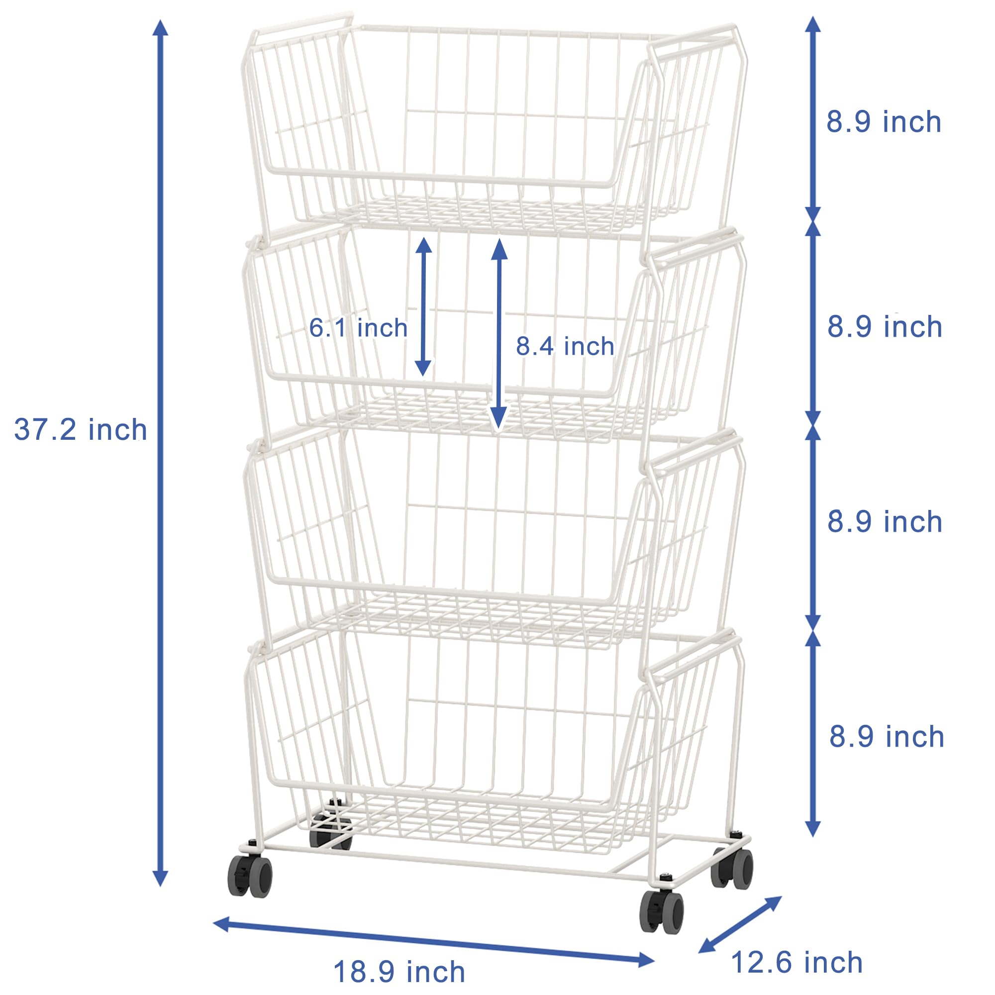 4 Tier Large Stackable Wire Storage Baskets with Wheels