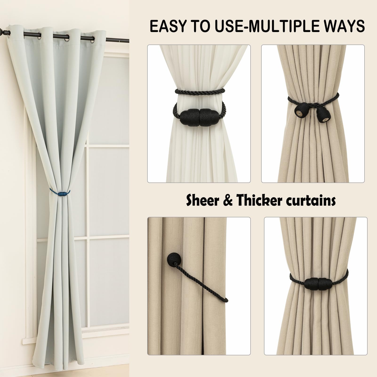 Magnetic Curtain Tiebacks Rope Curtain Tie Backs for Curtains 8 Pack Curtain Holders for Drapes Decorative Window Curtain Holdbacks