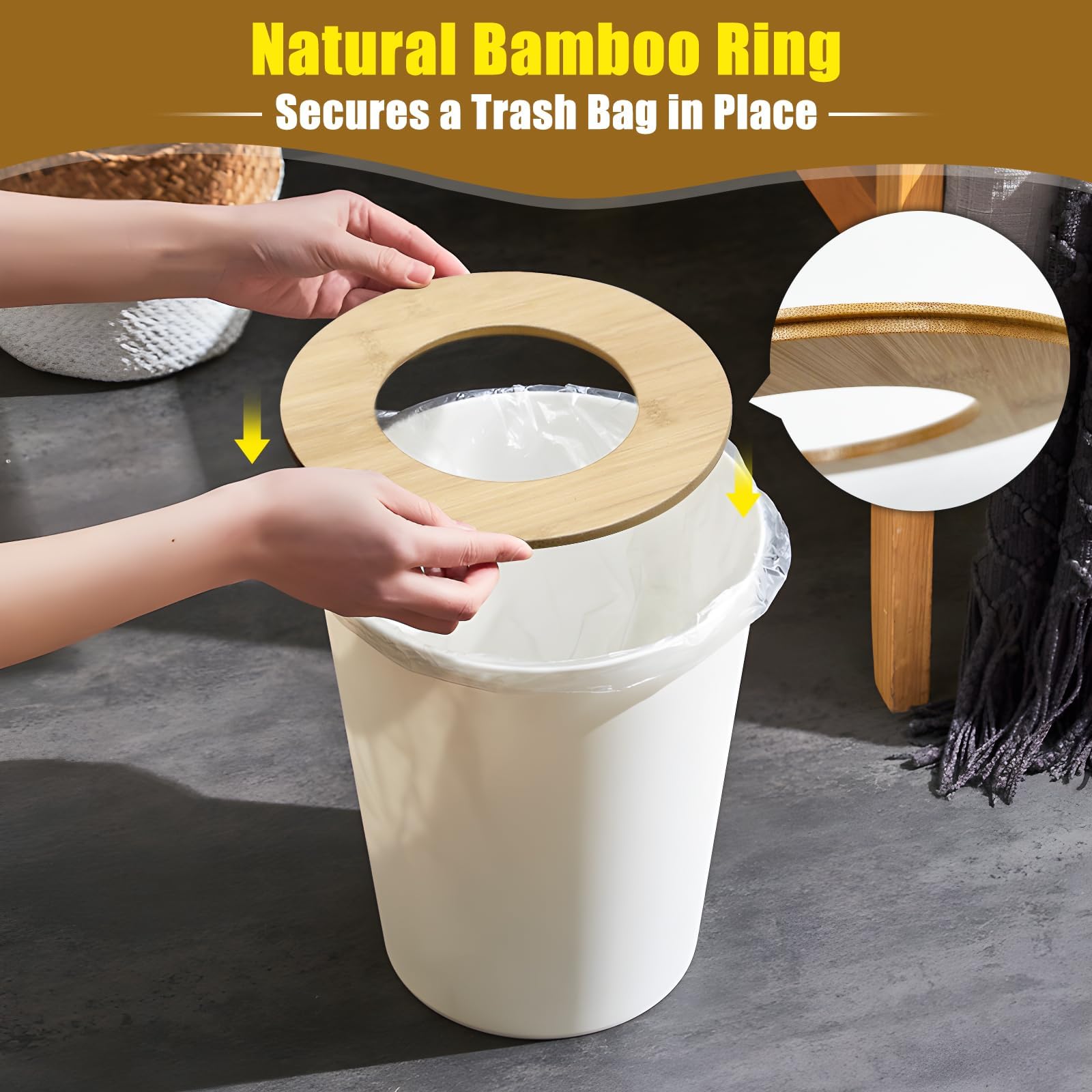 White Trash Can for Bedroom with Bamboo Lid (2 Count)