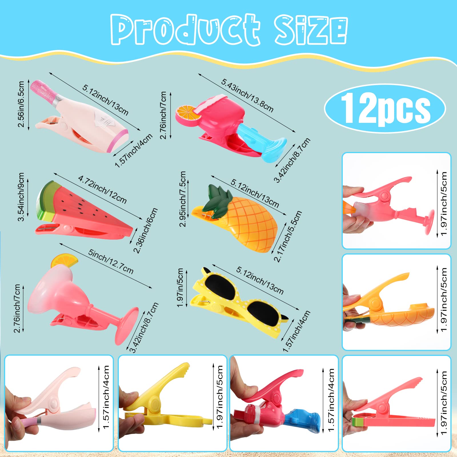 12 Pcs Beach Towel Clips Beach Chairs Clips Plastic Swimming Pool Towel Holders Jumbo Size Funny Clothespins for Patio Holiday Pool Blanket Decoration (12 Count)
