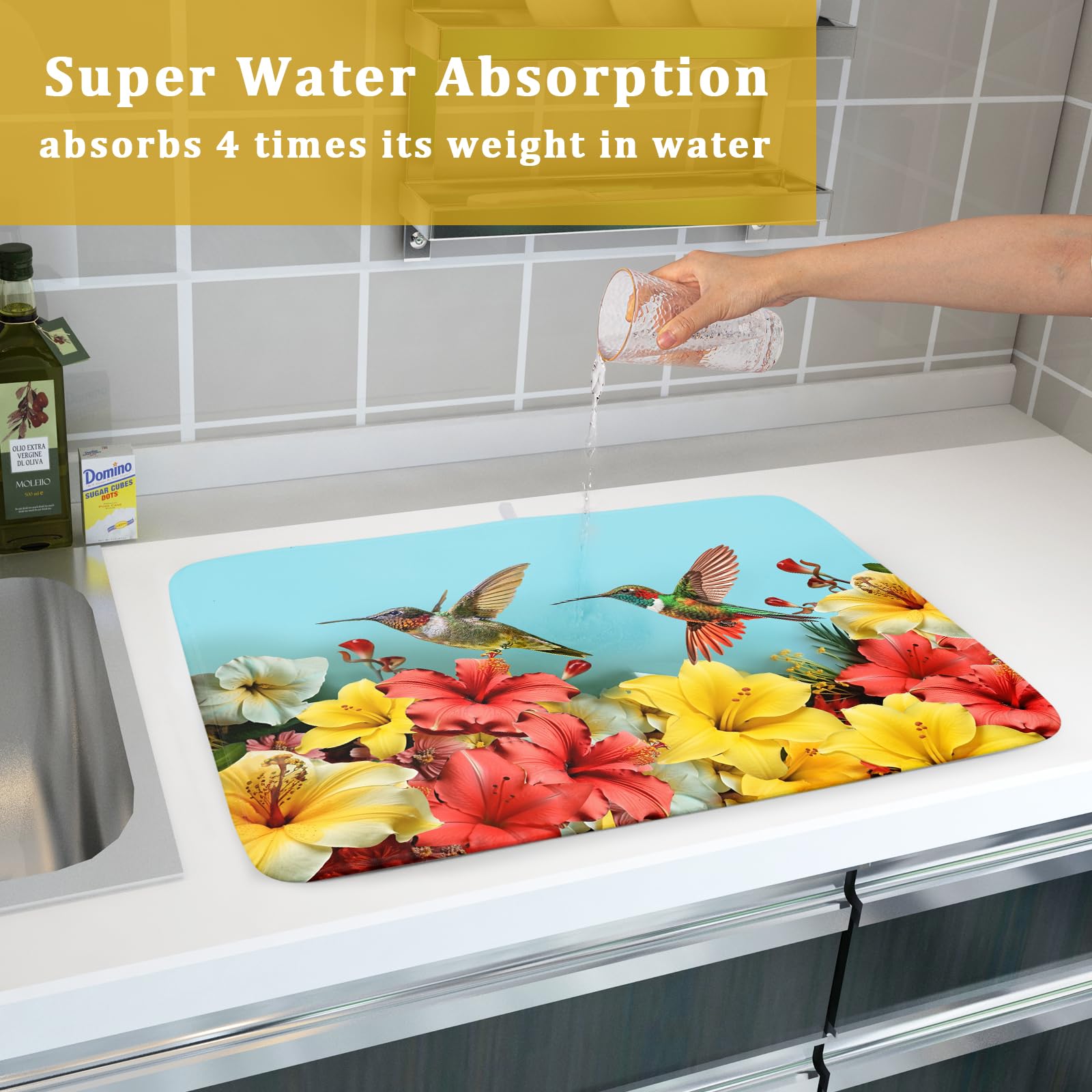 Hummingbirds Floral Dish Drying Mat for Kitchen Counter 16x18 In Hibiscus Tropical Drying Mat Farmhouse Fast Dry Absorbent Microfiber Dish Drainer Rack Pad for Countertop Decor