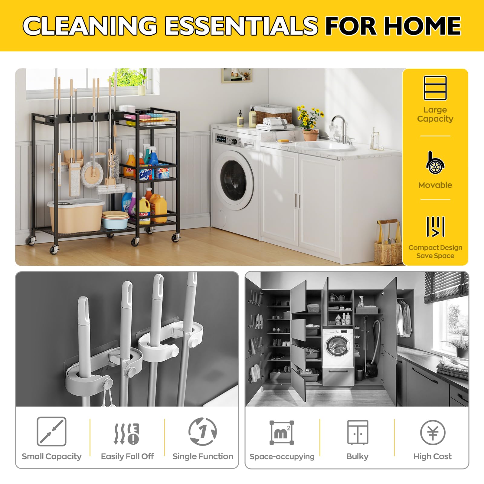 Broom Holder with Cleaning Supplies Organizer