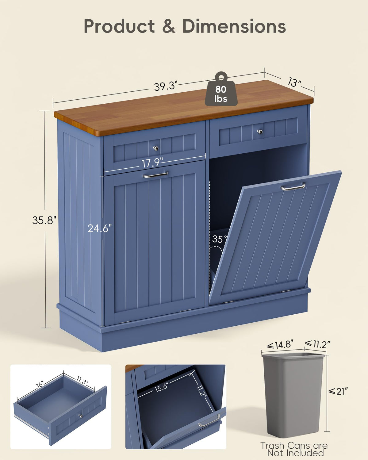 2 x 10 Gallon Tilt Out Trash Cabinet with 2 Big Storage Drawer