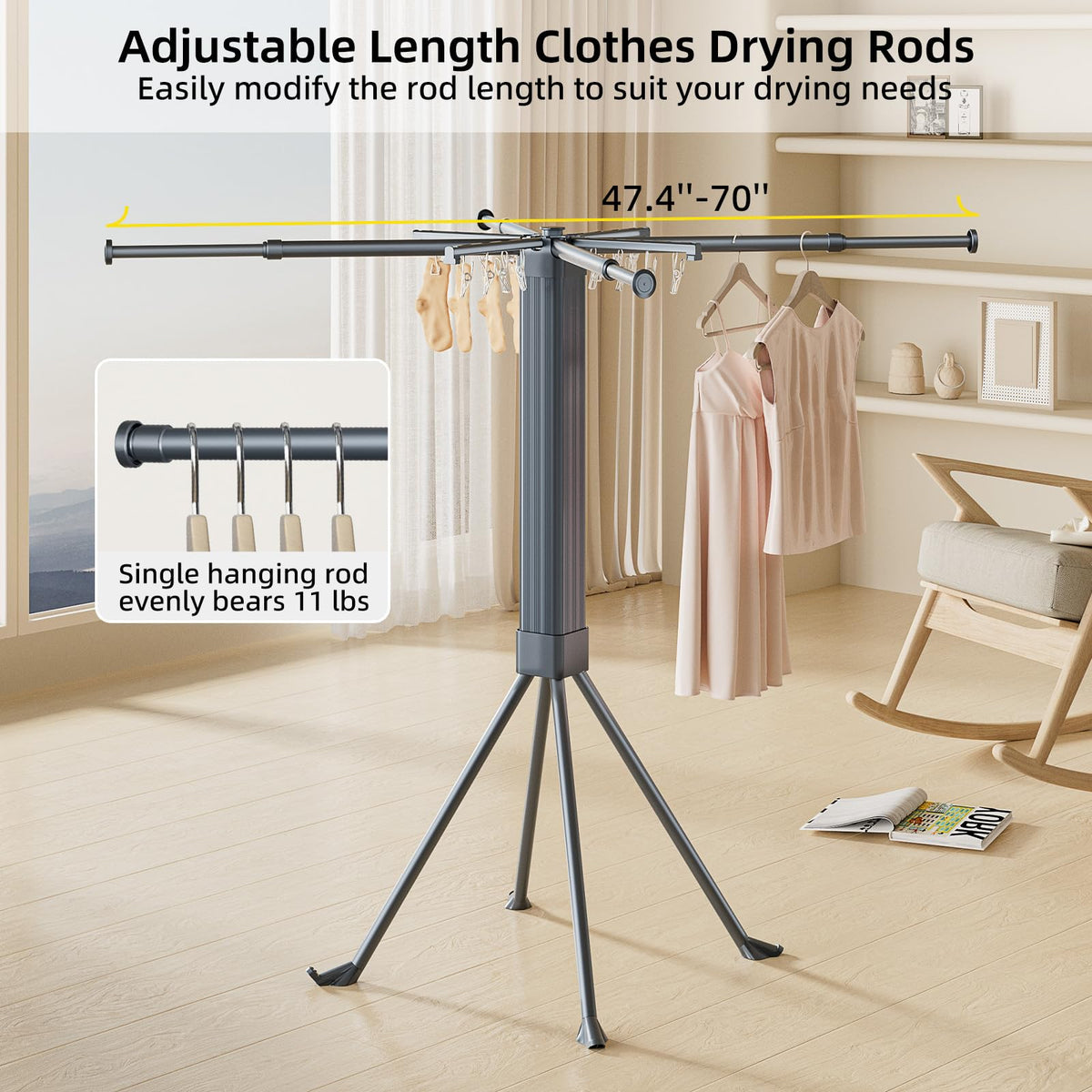 Clothes Drying Rack Foldable Extending Laundry Rack with 16 Clips Collapsible Clothing Rack Space