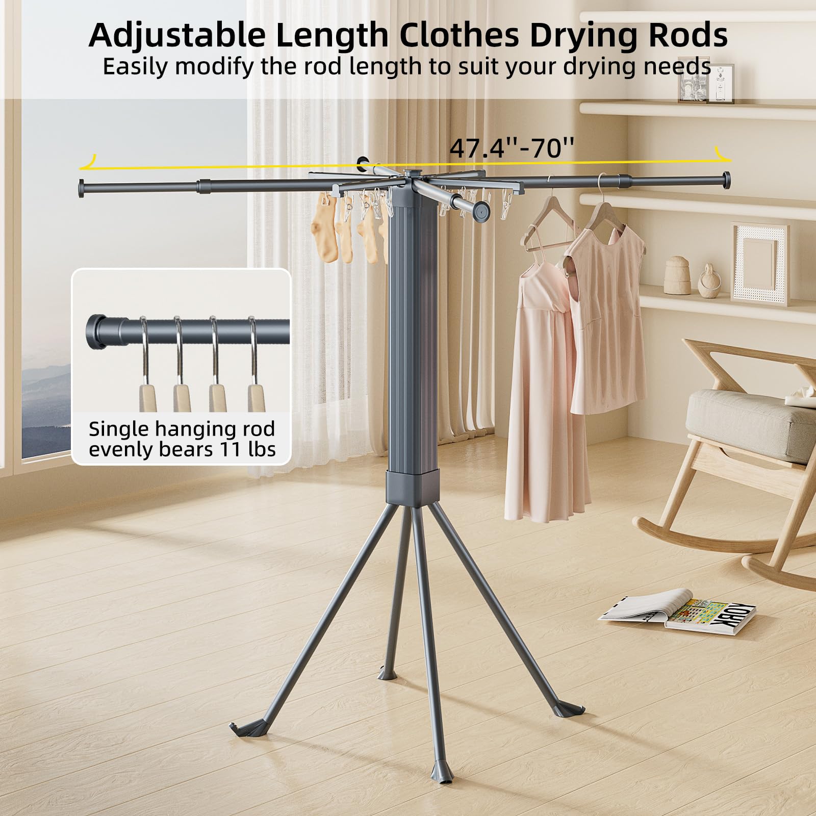 Clothes Drying Rack Foldable Extending Laundry Rack with 16 Clips Collapsible Clothing Rack Space