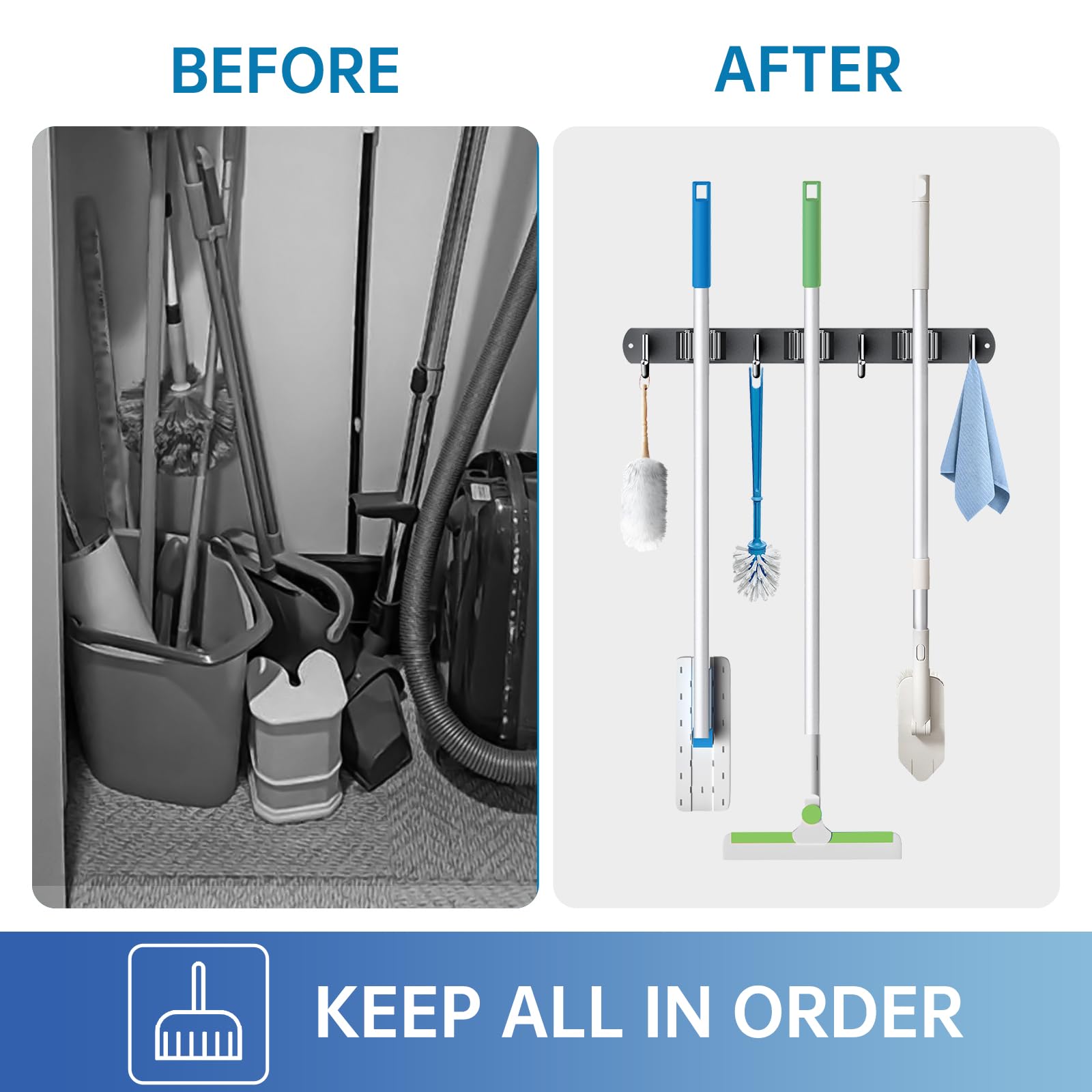 2 Pack Mop Broom Holder Wall Mount 3 Racks 4 Hooks Storage Black (2 Count)