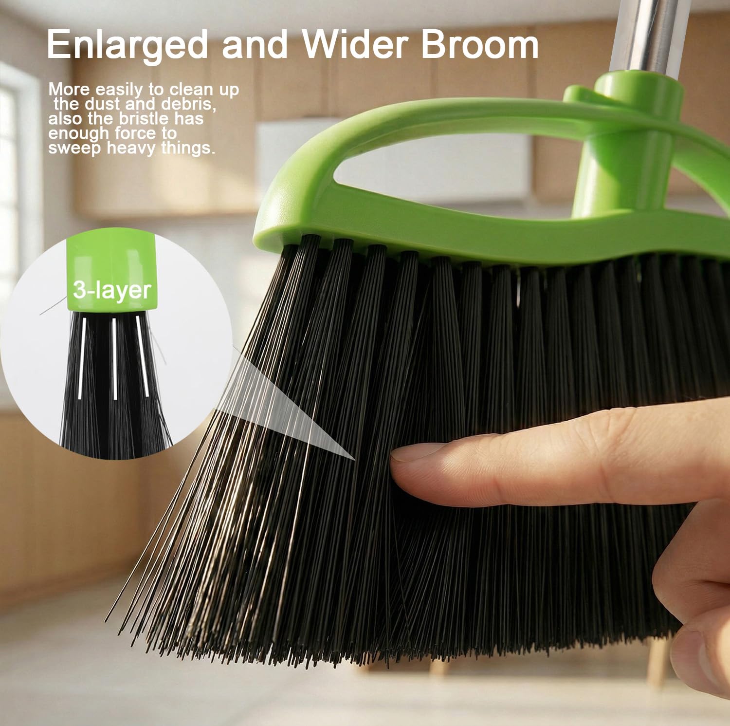 3 Packs Indoor Brooms Green Angle Broom Soft Bristles Long Handle for Hardwood Floor Sweeping (3 Count)