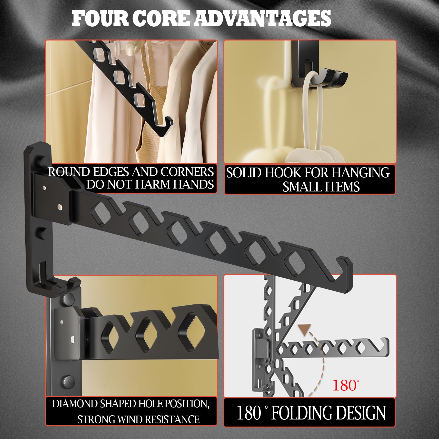 Wall Mount Coat Hanger Holder Black Clothes Drying Organizer Rack Garment Hooks Aluminium Retractable Folding Indoor Wall Mounted Hanger Space Saver for Laundry Room Bedroom Black 2Pack (2 Count)