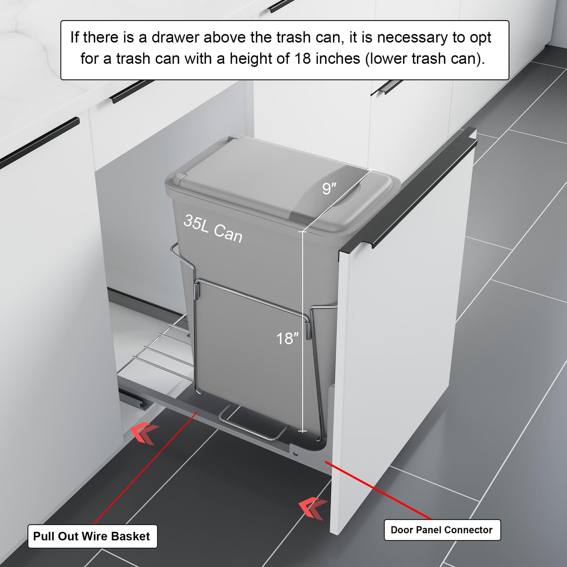 Dowell B15 Aluminum Base Wastebasket Pullout with Door Mount and 35Qt
