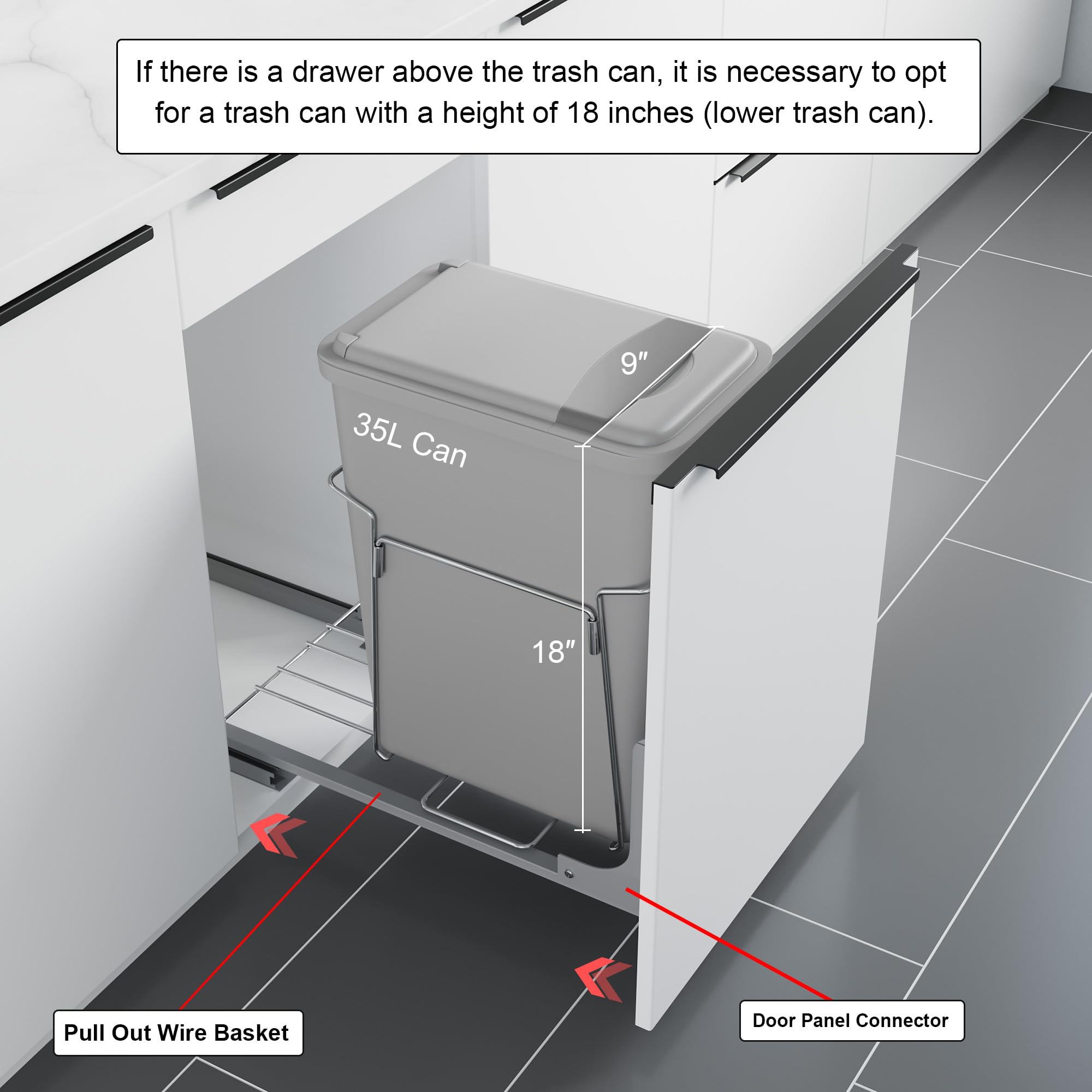 Dowell B15 Aluminum Base Wastebasket Pullout with Door Mount and 35Qt