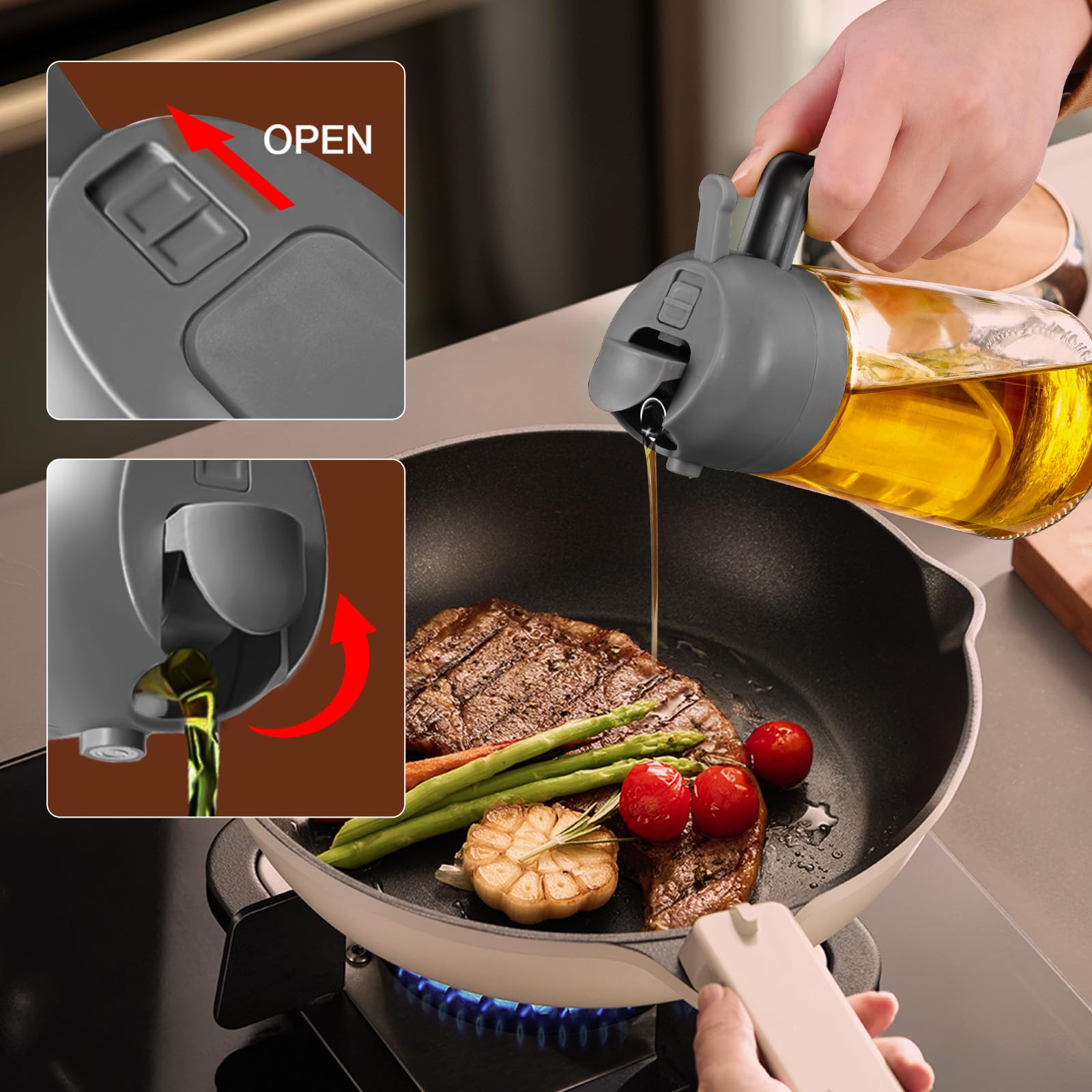 16 oz 2-in-1 Glass Olive Oil Sprayer for Cooking, Grey