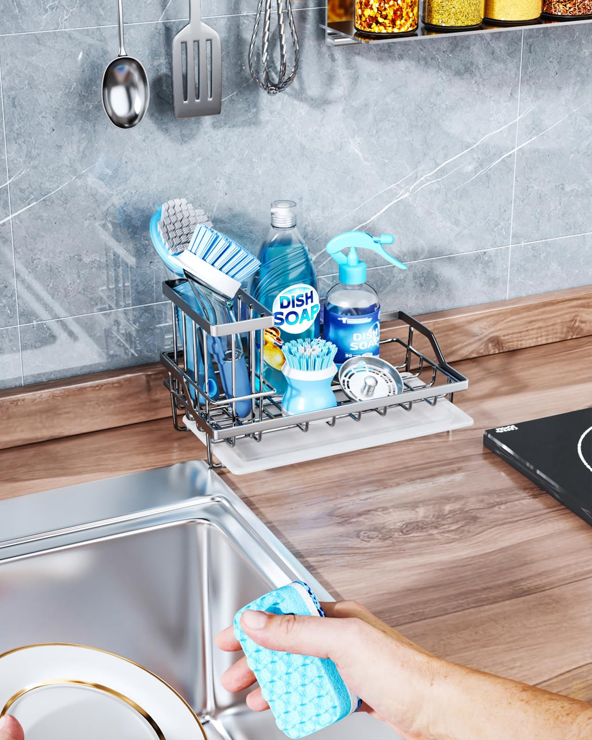 Sink Caddy Kitchen Sponge Holder with Dish Brush Holder