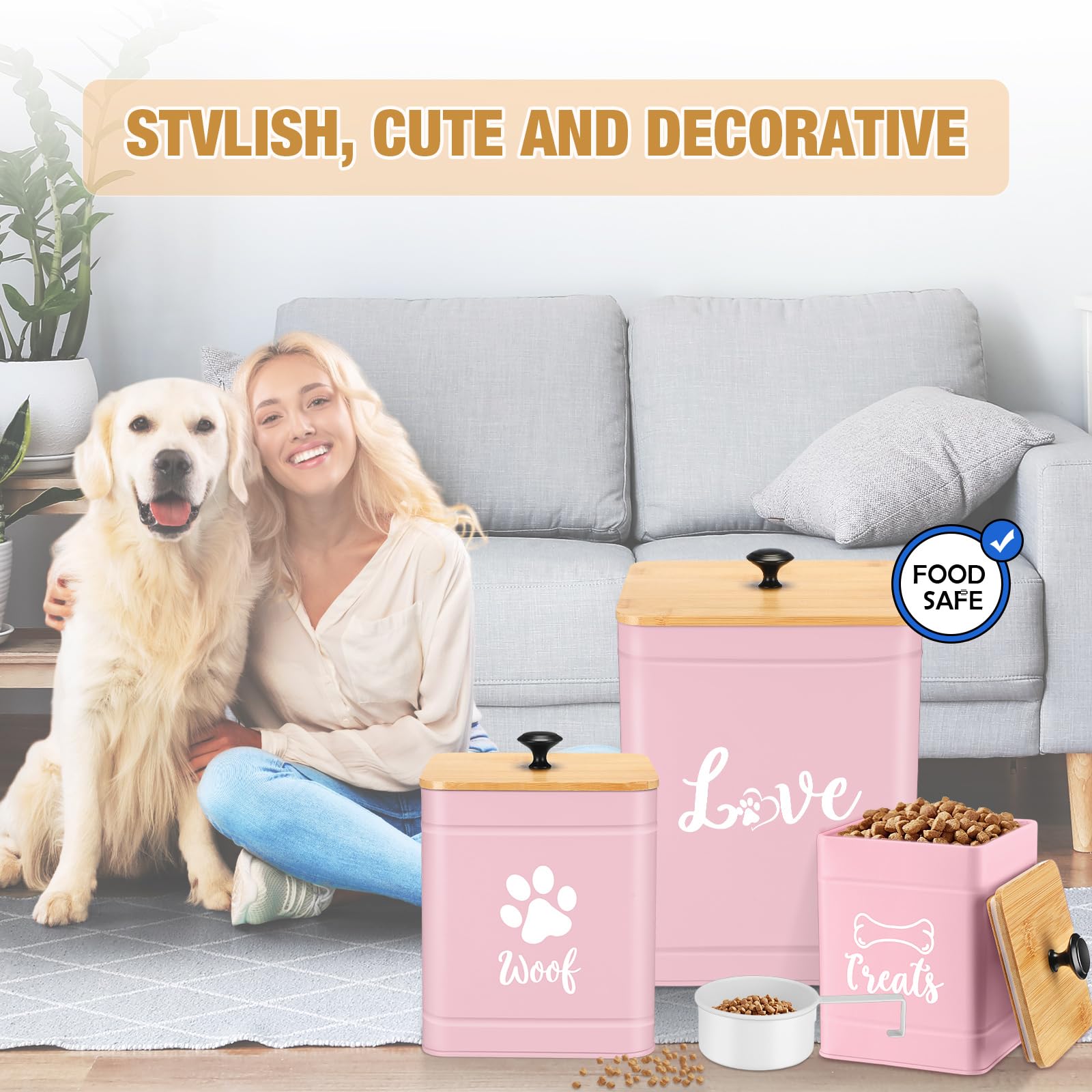 Metal Dog Treat Containers Set of 3 with Bamboo Lids and Spoon Airtight 7+3+2 lbs Dog Food Snack Jars with DIY Labels Big Pet Cookie Storage Jar for Kitchen Counter (3 Count)
