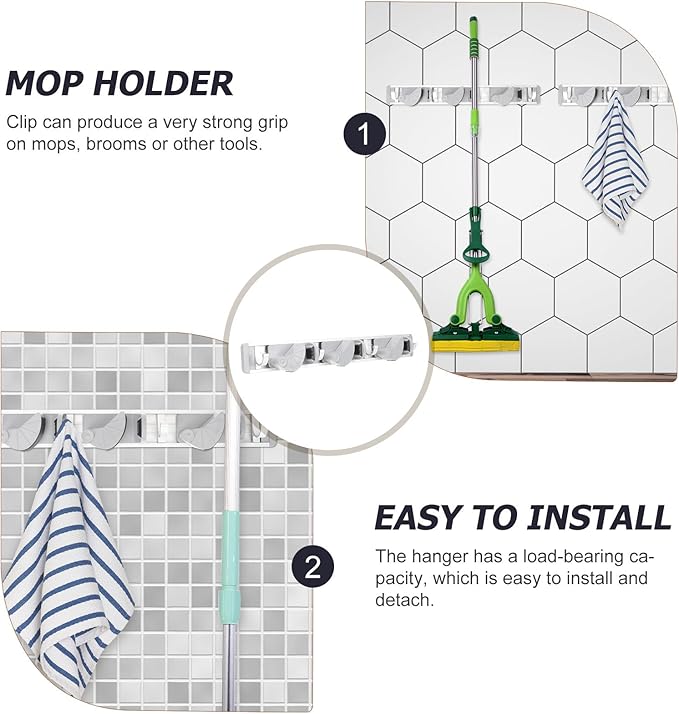 Tofficu Punch-free Broom Mop Holder Wall Mount, Space Aluminum Mop Hanger with 4 Hooks and 3 Clips, Gray Storage Rack for Garage Kitchen and Cleaning Supplies Organizer