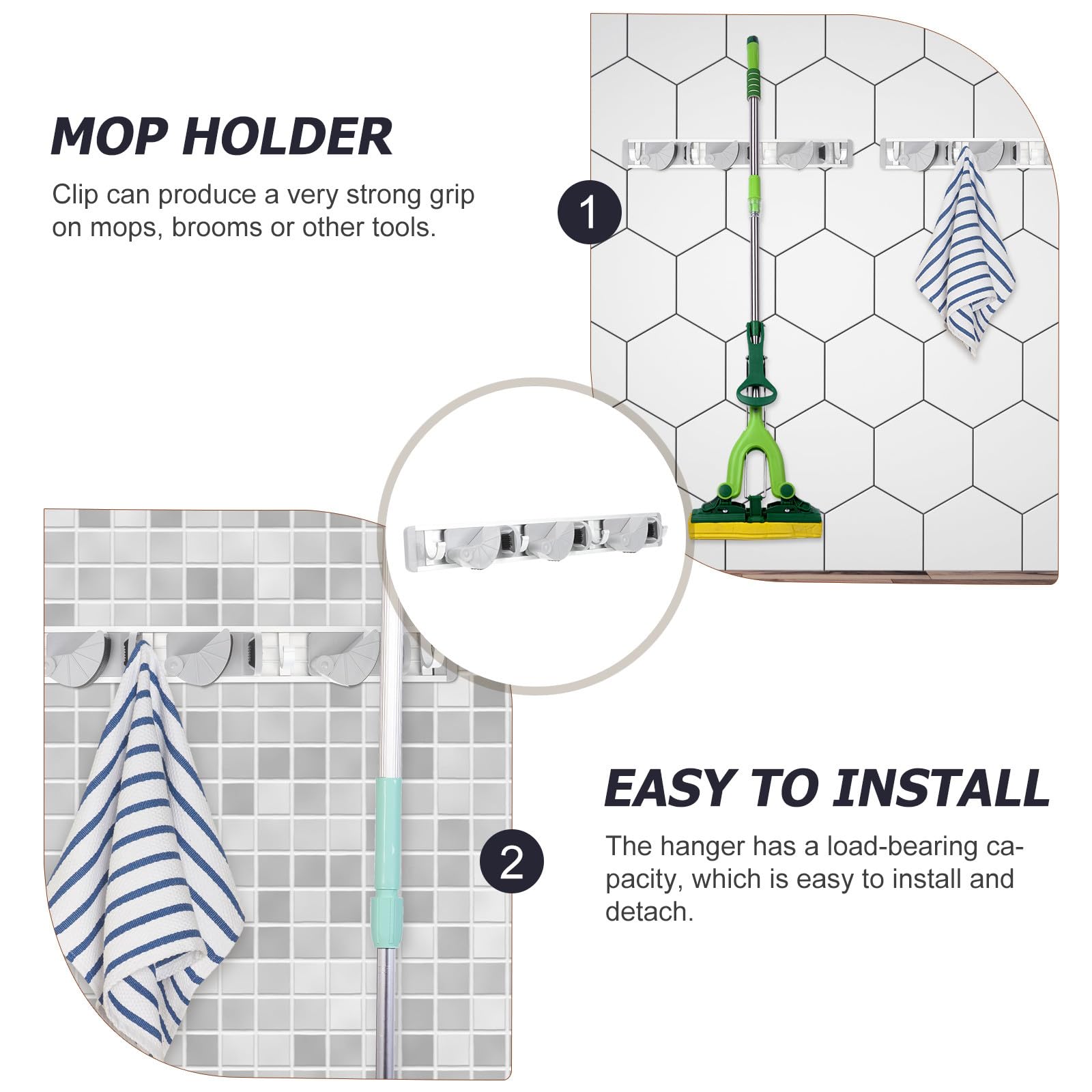 Nail free Mop Hanging Hook and Broom Holder Wall Mounted Space Aluminum Rack with Four Hooks Gray Upgrade for Kitchen Garage Storage and Organization