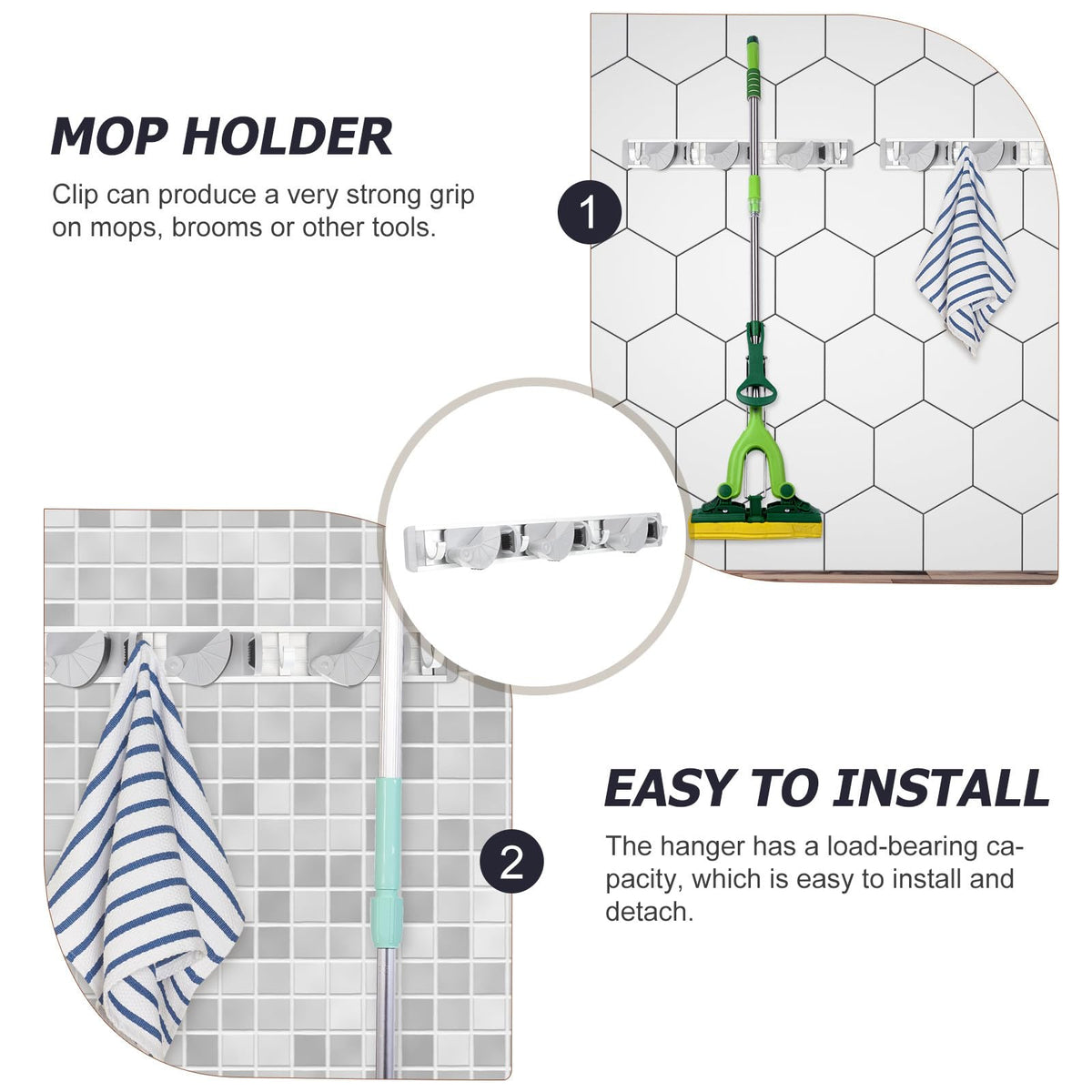 Nail free Mop Hanging Hook and Broom Holder Wall Mounted Space Aluminum Rack with Four Hooks Gray Upgrade for Kitchen Garage Storage and Organization
