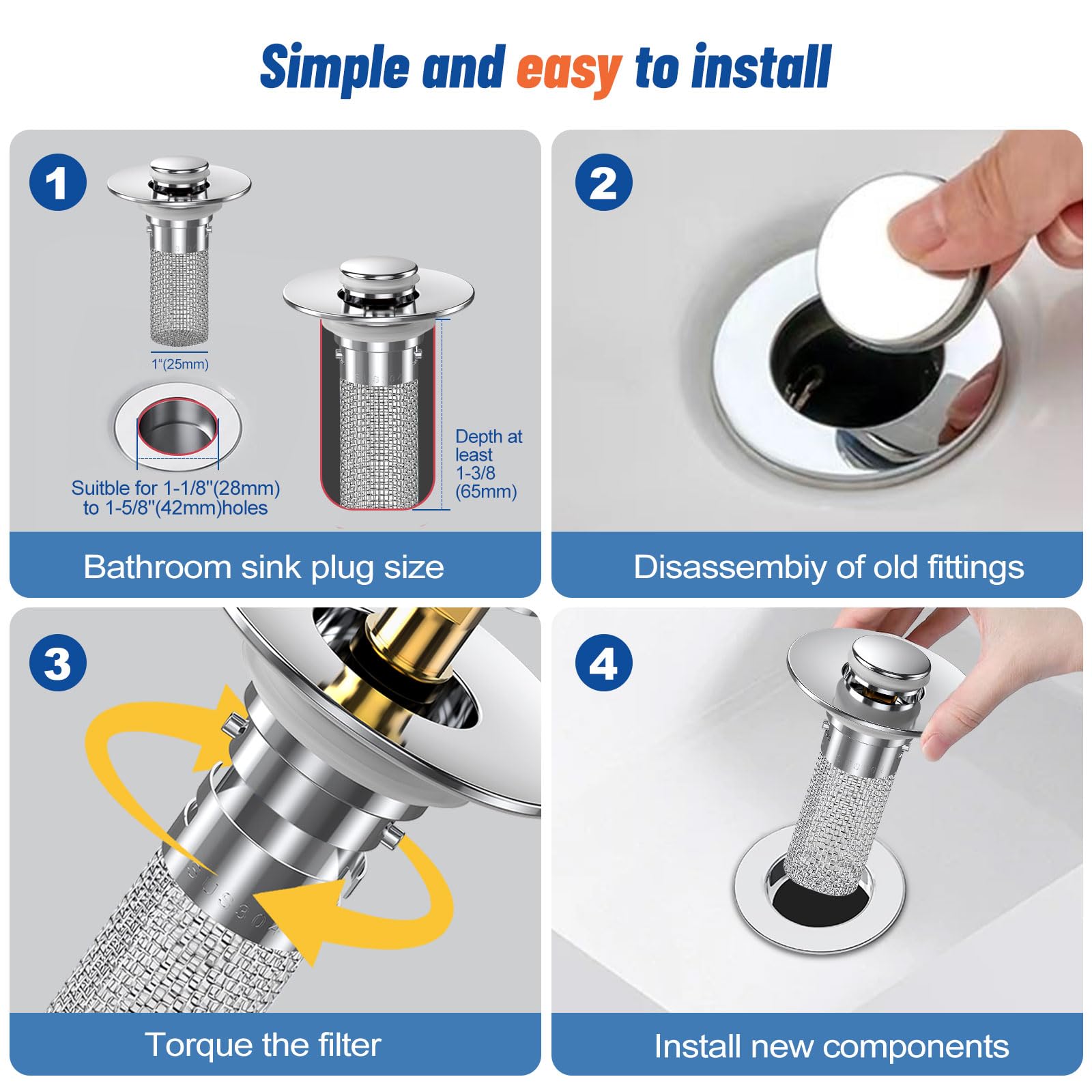 2024 New Pop Up Bathroom Sink Drain Strainer Hair Catcher (2 Count)
