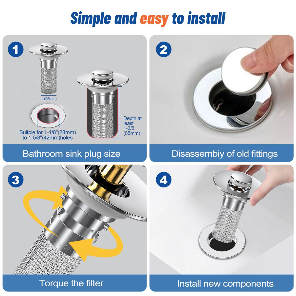 2024 New Pop Up Bathroom Sink Drain Strainer Hair Catcher (2 Count)