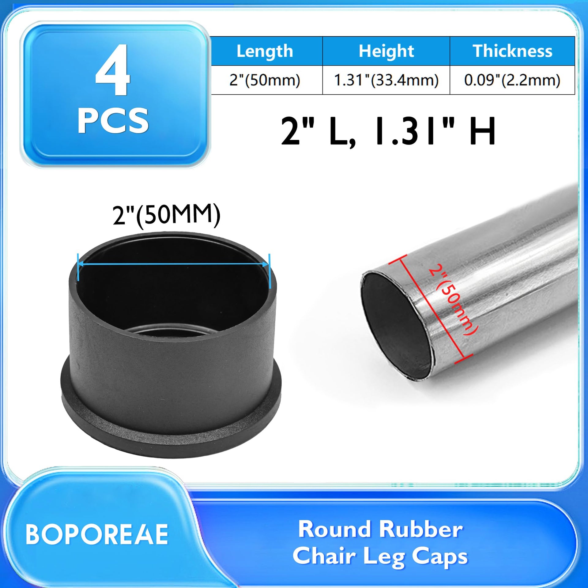 4 Pcs 2" Black Round Rubber Chair Leg Caps (4 Count)
