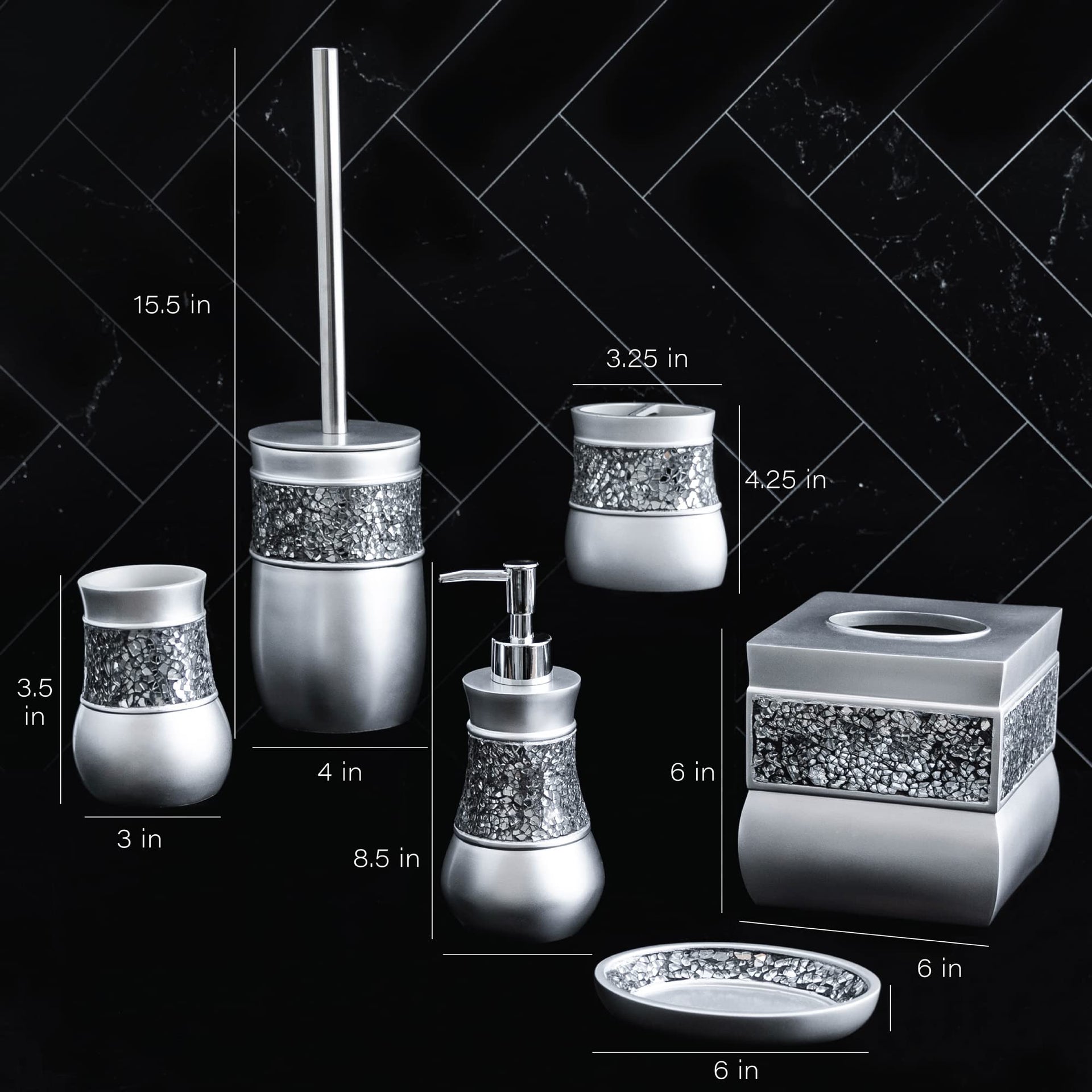 Crackled Glass 6 Pc. Silver Resin Bathroom Accessories Set (6 Count)