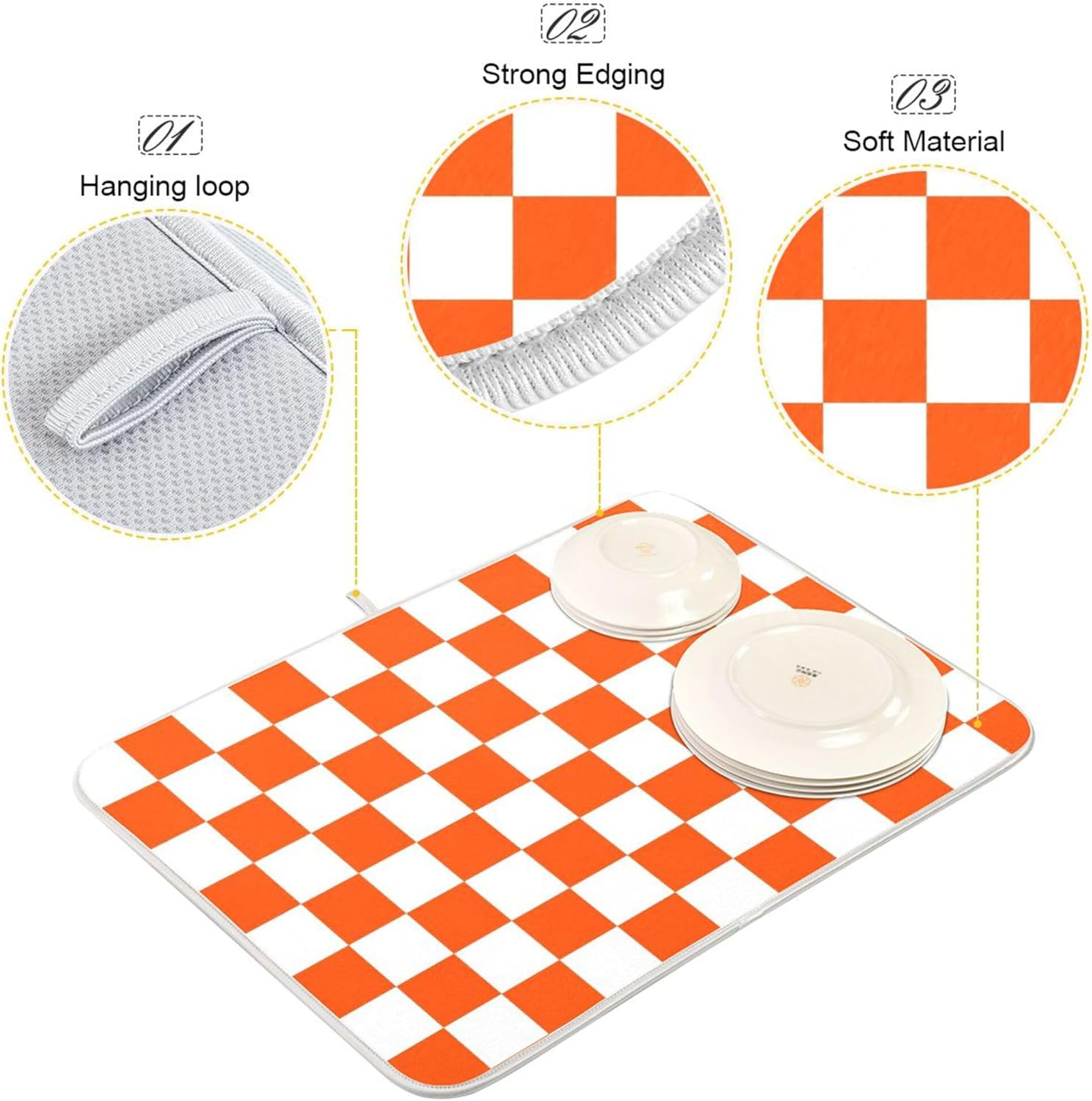 Burnt Orange Chessboard Dish Drying Mat for Kitchen Countertop 16x18 Plaid Checkered Rectangle Small Drying Mat Reusable Quick Dry Dish Sink Absorbent Mats Easy Clean Decorative Home Essentials