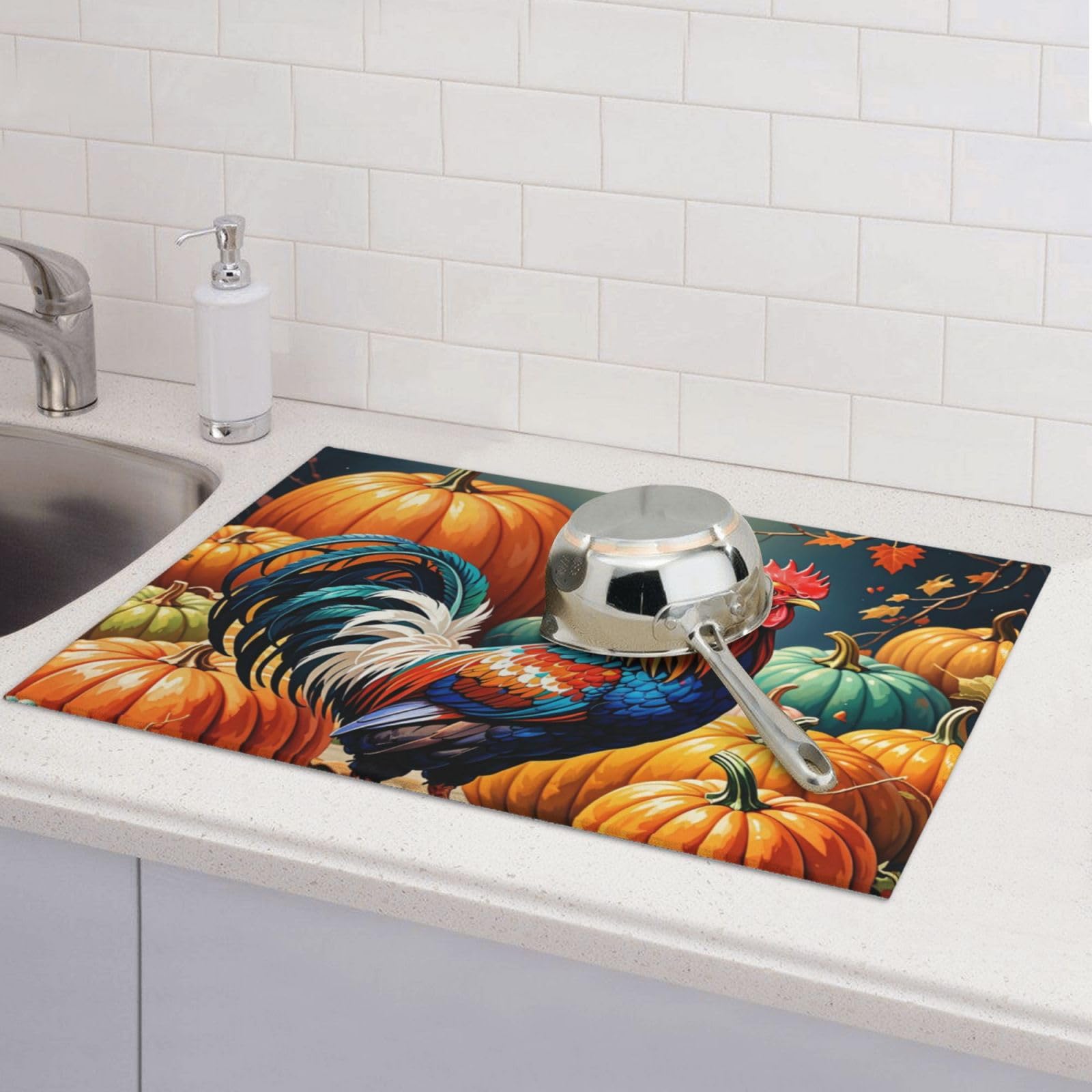 Rooster Pumpkin Dish Drying Mat Highly Absorbent Double