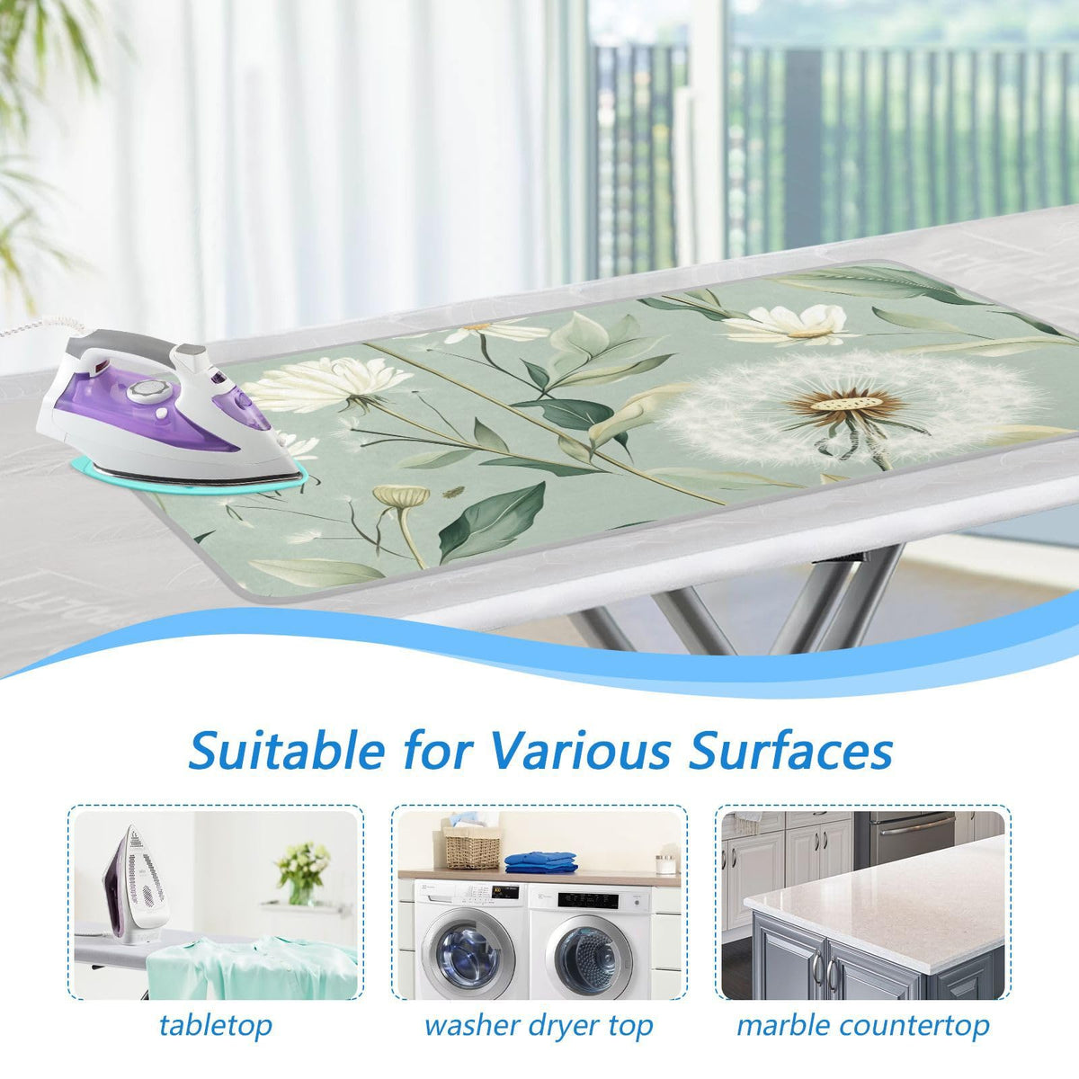 Sage Green Dandelions Ironing Mat Portable Ironing Pad Blanket with Silicone Iron Rest for Table Top Travel Heat Resistant Double