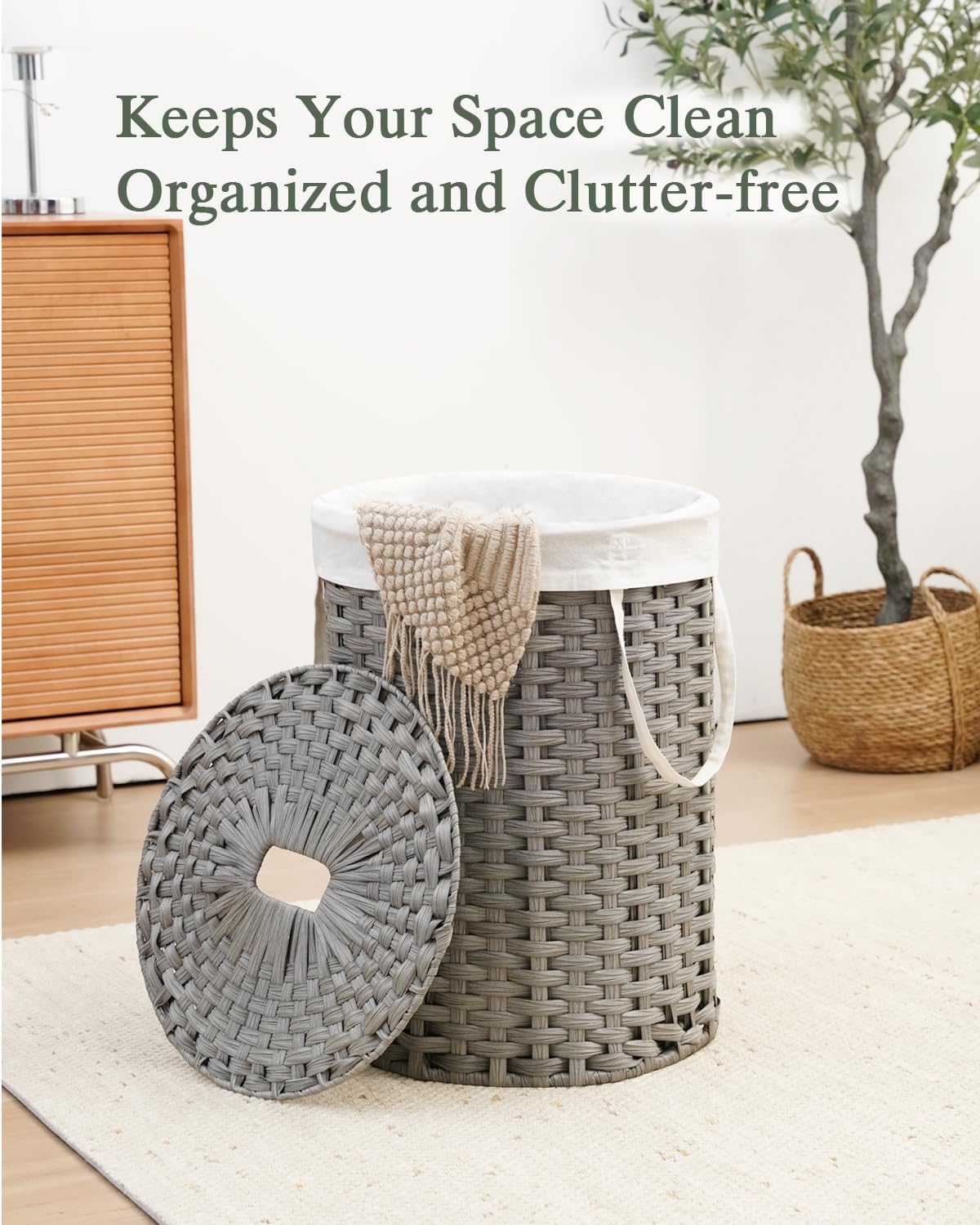 Laundry Basket with Lid 23.8 Gal Round Laundry Hamper Grey