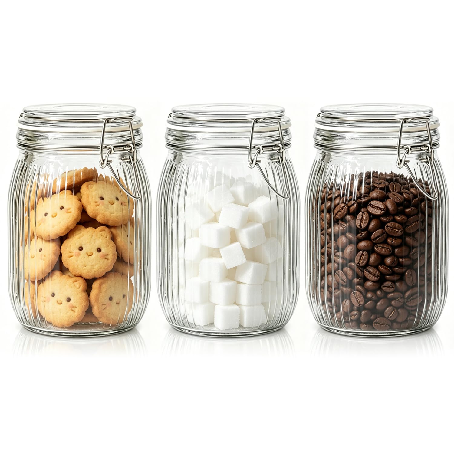 Ribbed Glass Pantry Jars with Airtight Lids 34 oz 3 Pack Coffee (3 Count)