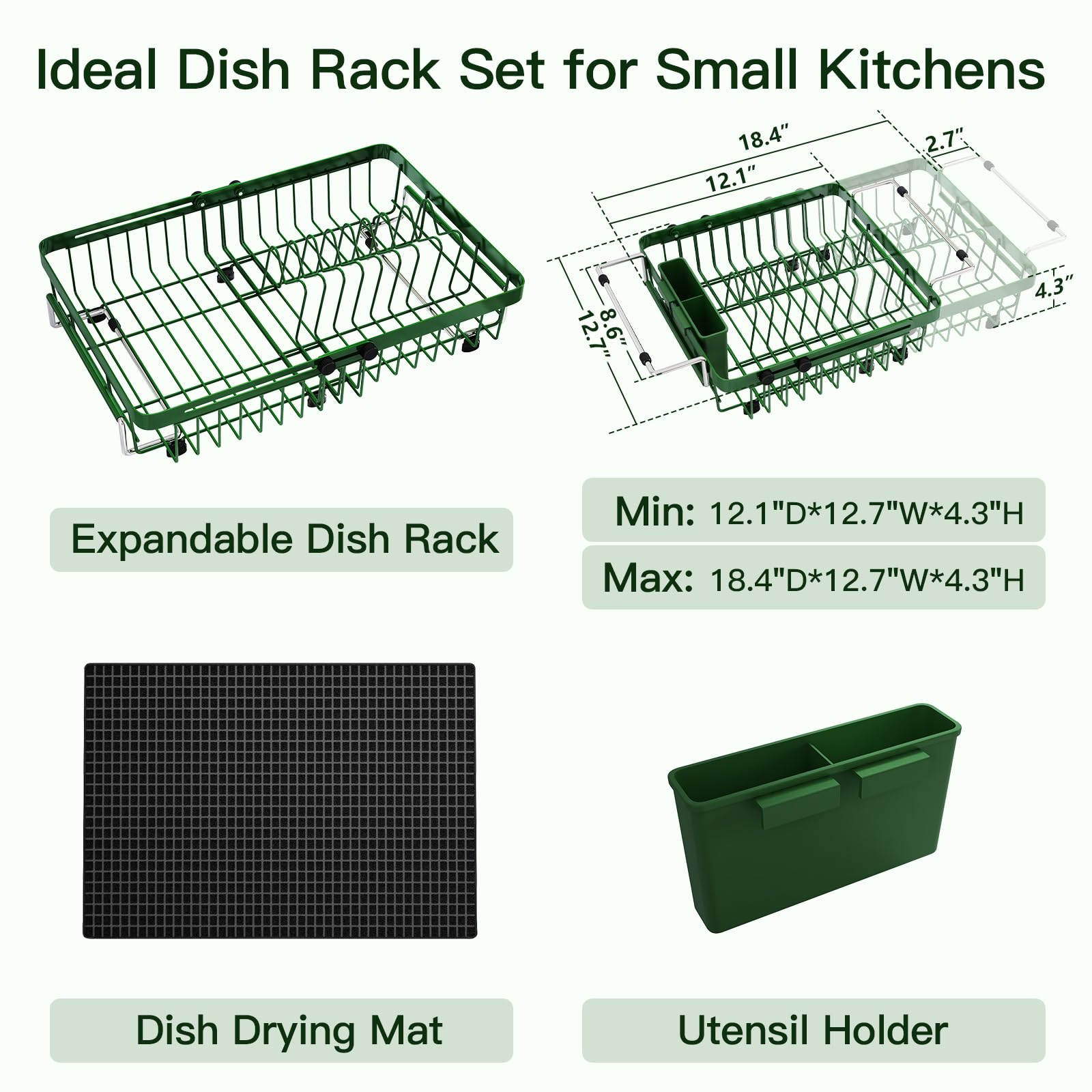 Green Dish Drying Rack Over The Sink with Utensil Holder