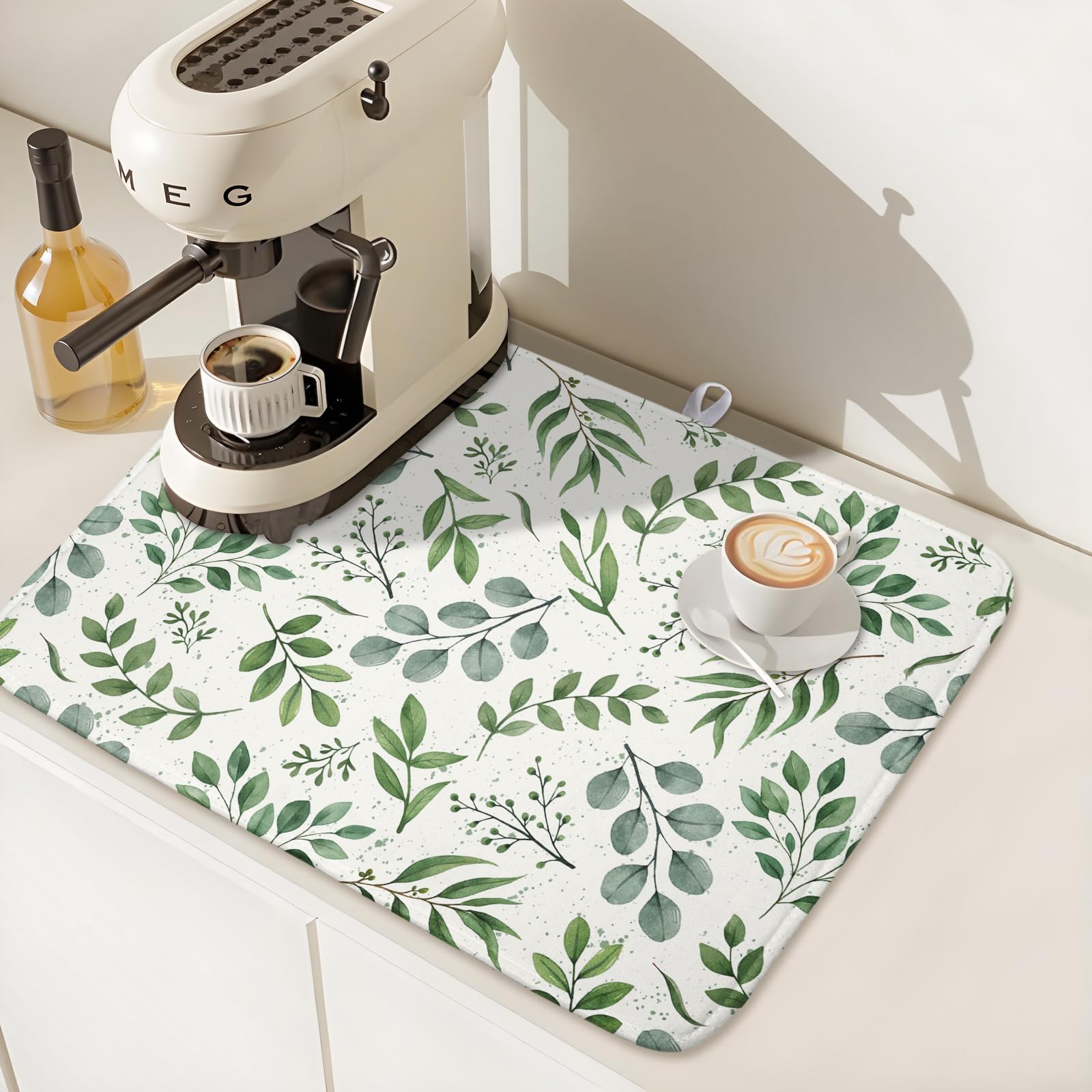 Sage Green Dish Drying Mat 18x24 In Absorbent Reversible Eucalyptus Leaves Plant Drying Mat Green Plant Dish Drying Rack Mat Spring Summer Themed Dish Drainer Mat for Kitchen Counter Coffee Bar