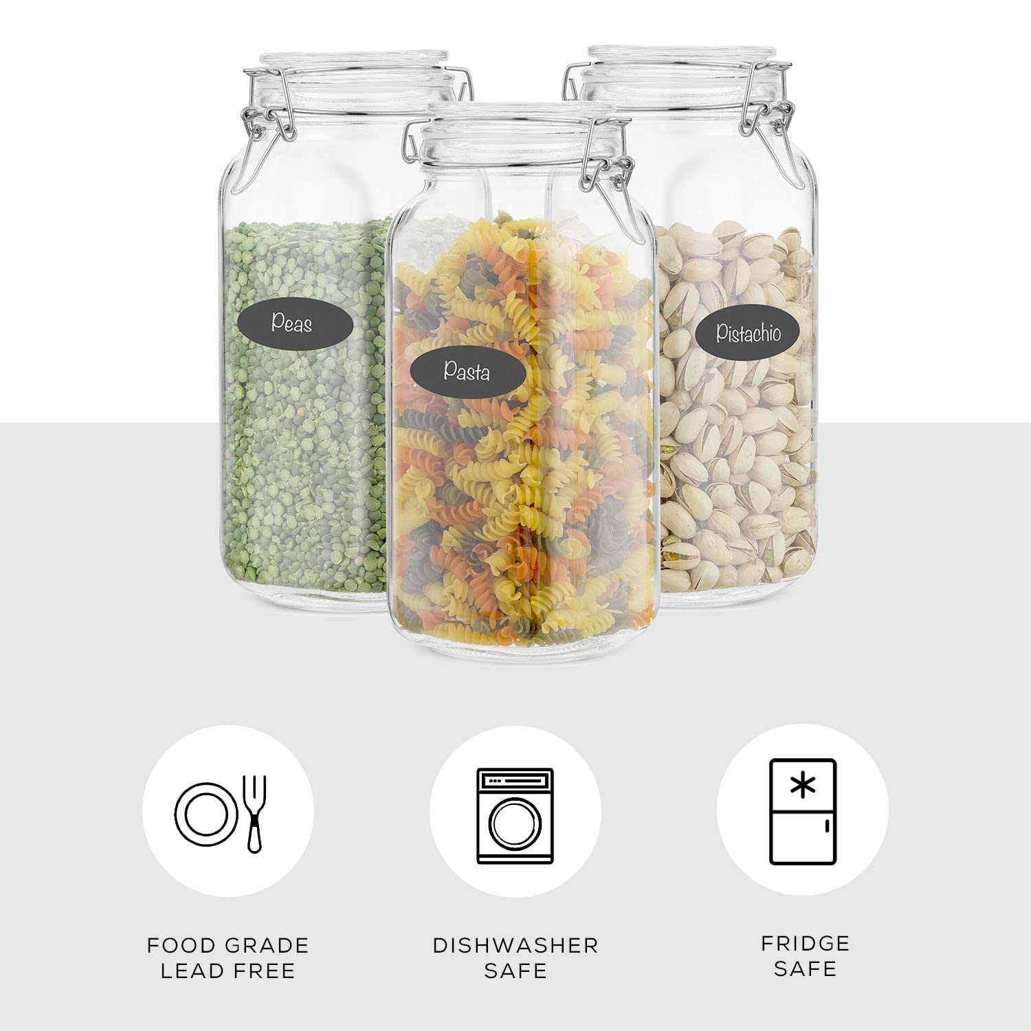 Airtight Glass Jars with Lids Set of 3. 78oz Glass Jar with Lid and 6 Silicone Seals! Large Glass Food Storage Containers. Square Mason Jar (3 Count)