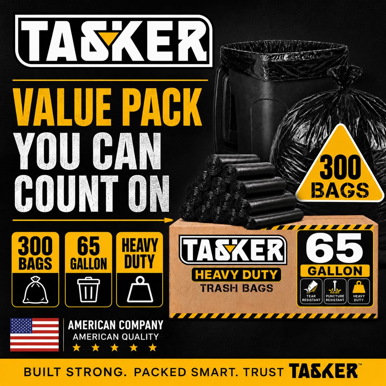 300 Bags, 64-65 Gallon Trash Bags Heavy Duty, Large Black Garbage Bags, Wide Mouth Trash Can Liners for 60, 64, 65 and 70 Gallon Cans to Fit Toter Cart Liners for Outdoor Lawn Yard Cleanup (300 Count)