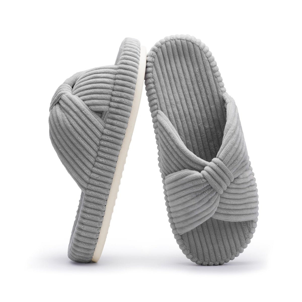 Slippers for Women Memory Foam House Bedroom Corduroy Bow Crossbands Slipper Shoes Comfy Trendy Gift Slippers Grey Size 7 8 6.5