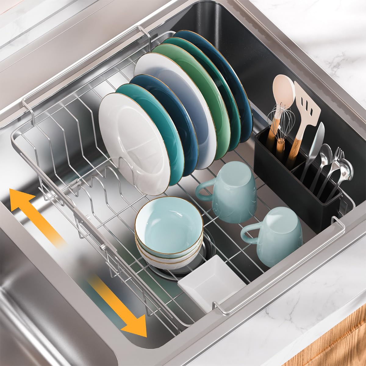 Capacity Expandable Over Sink Dish Drying Rack Stainless Steel