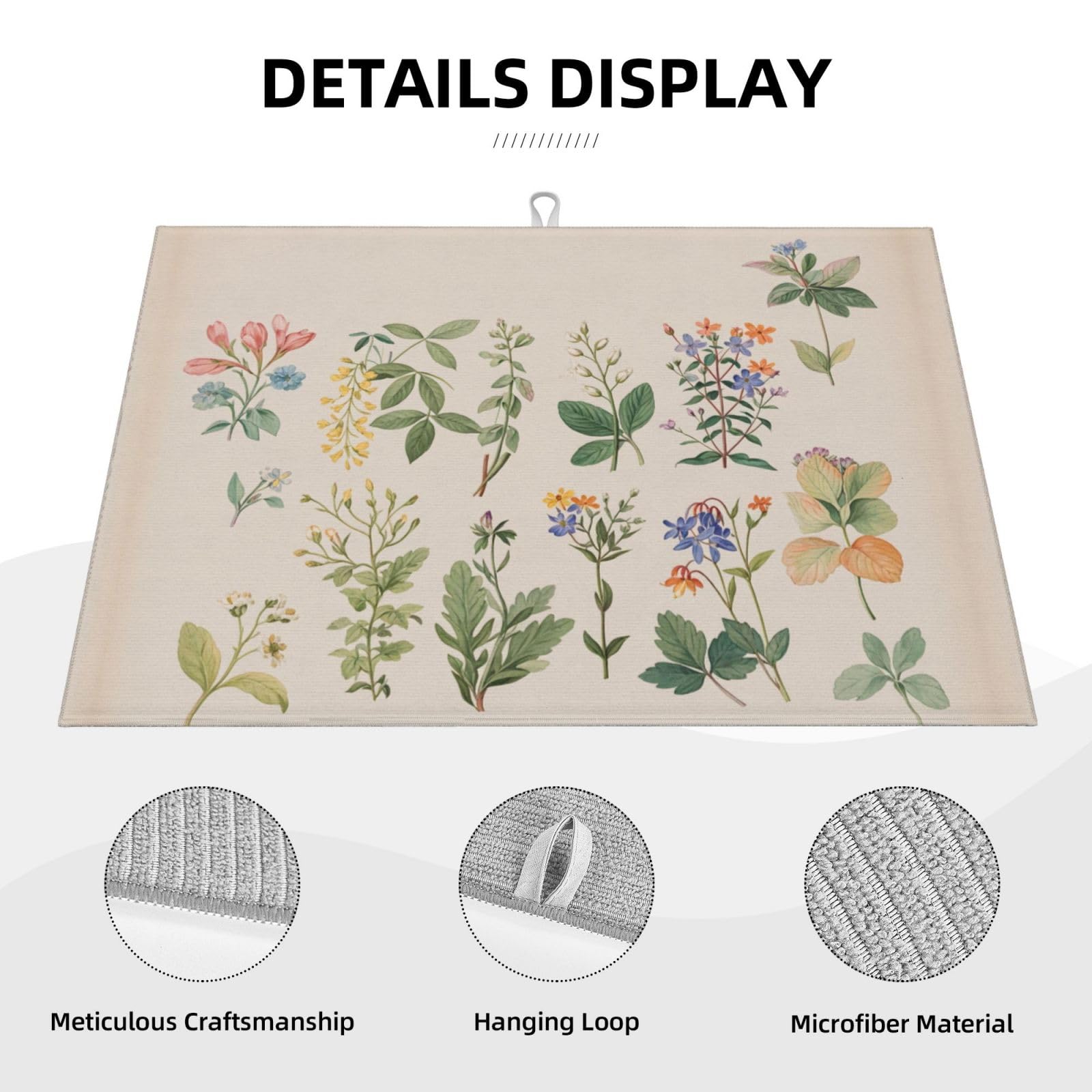 Vintage Plants Herbs Floral Dish Drying Mat Highly Absorbent Double