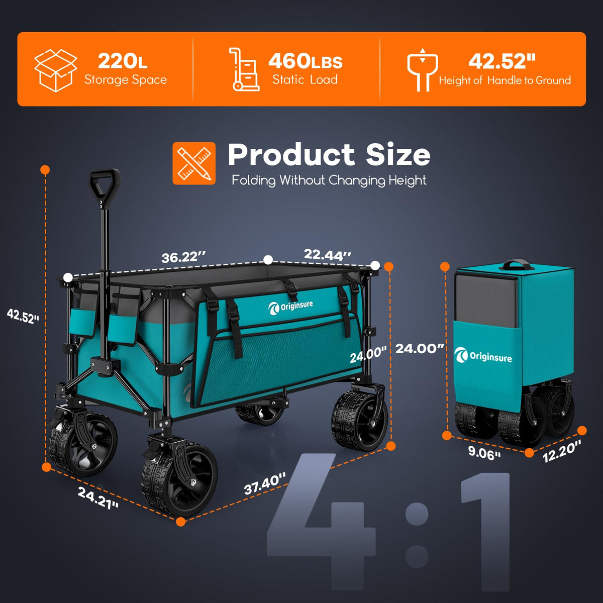 220L Foldable Beach Wagon Cart with Big Wheels