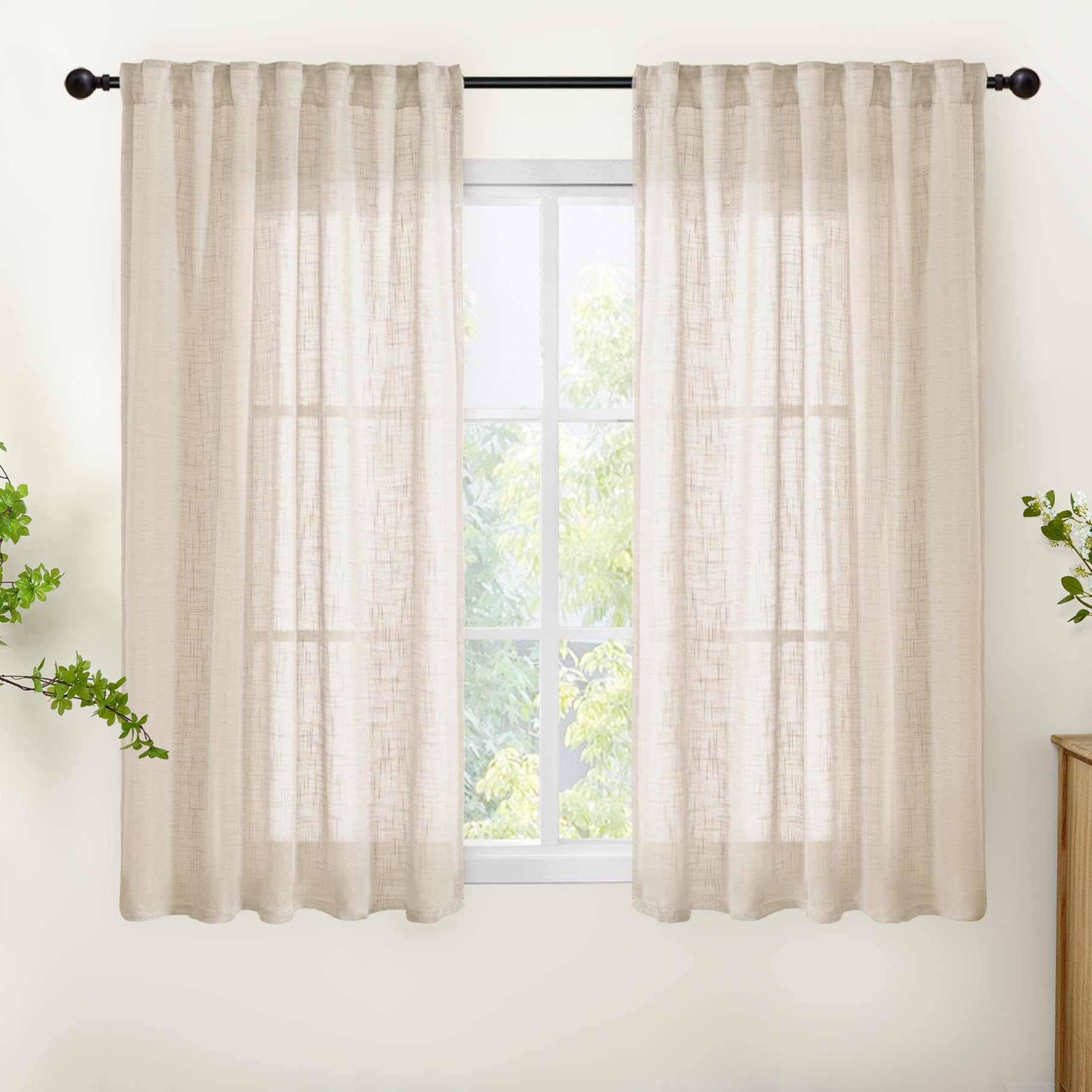 Oatmeal Linen Curtains 54 Inch Length for Living Room Window (2 Count)