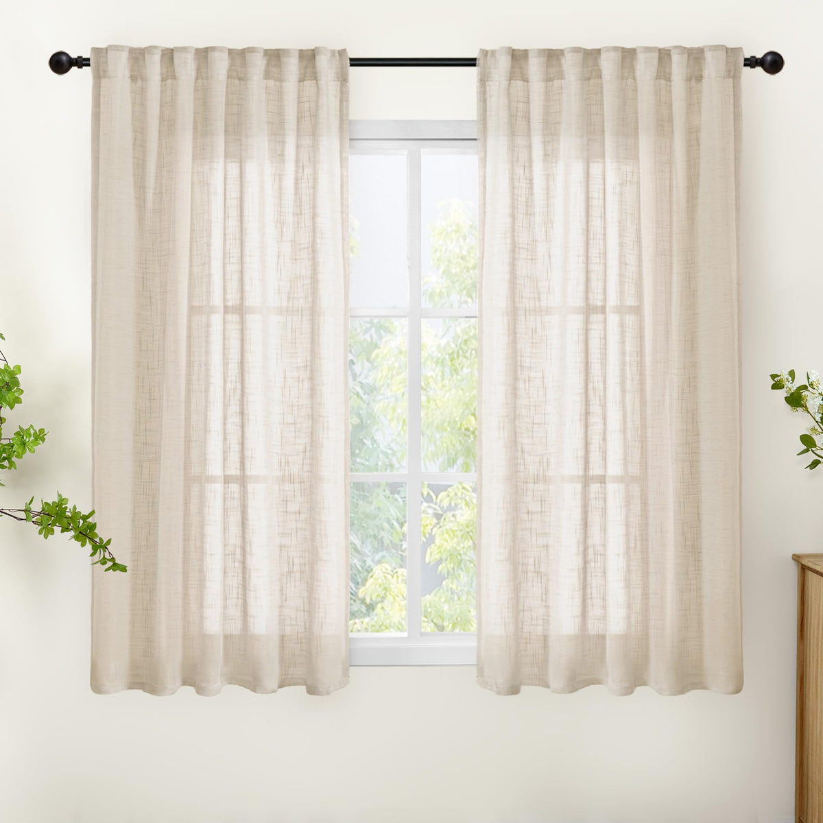 Oatmeal Linen Semi Sheer Curtains 48 Inch Length 2 Panels Set (2 Count)