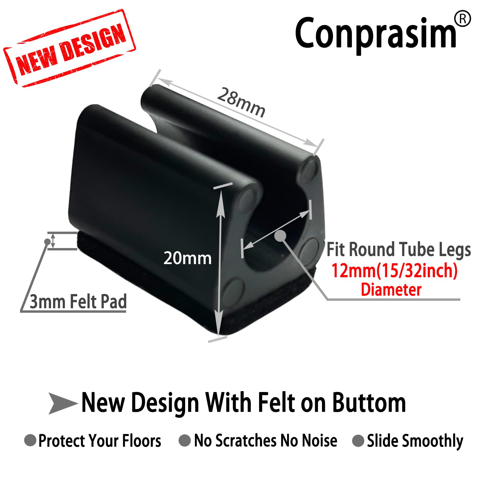 Rectangle U Shaped Sled Chair Leg Tips Cap with Felt Pads (8 Count)