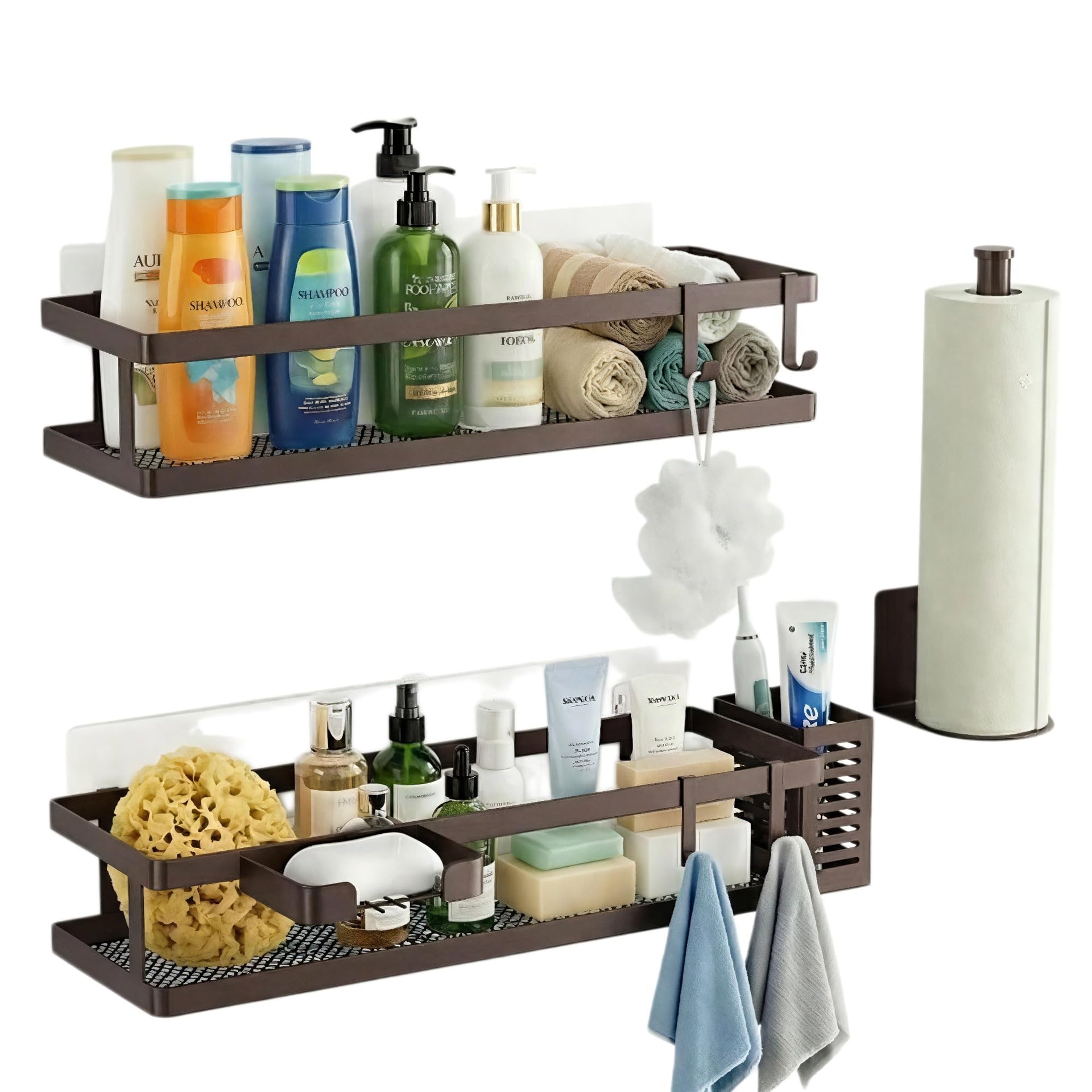 5-in-1 16.5" Extra Long Kitchen Organizer & Shower Caddy Set, Wall Mount Spice Rack with Paper Towel Holder, Utensil Holder & Soap Dish, Rustproof Mesh Storage Rack, Vintage Bronze, Guardrail