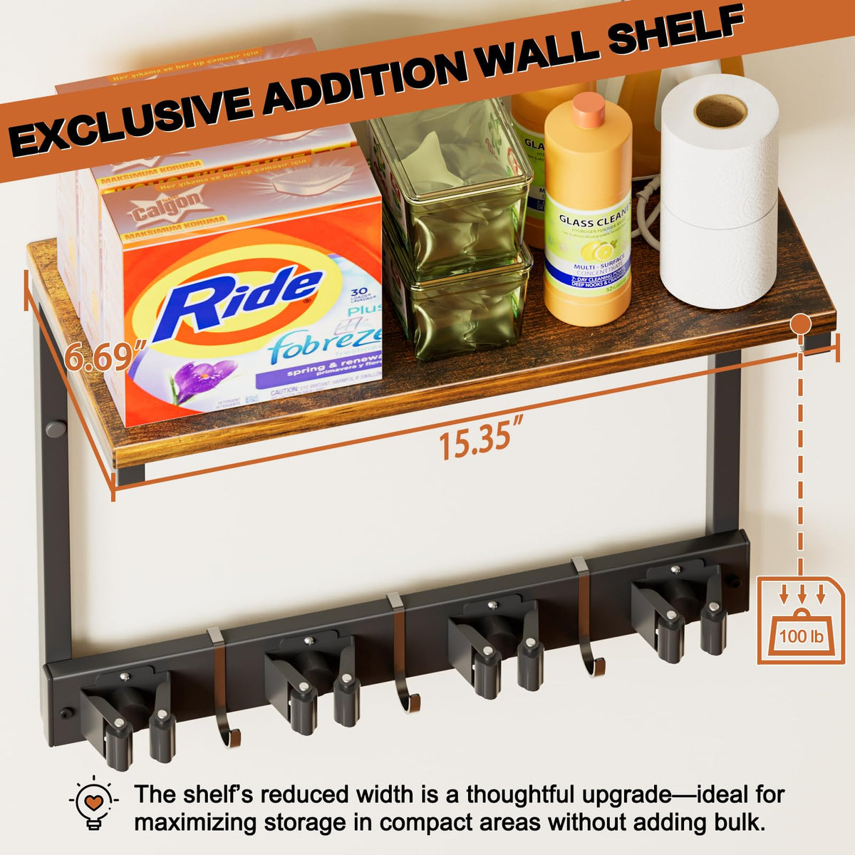 Broom Holder Wall Mount with Cleaning Supplies Organizer