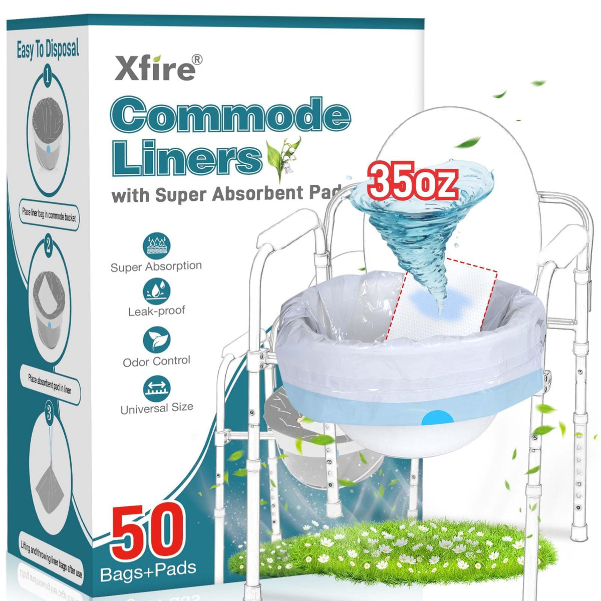 Commode Liners with Absorbent Pads (50 Count)