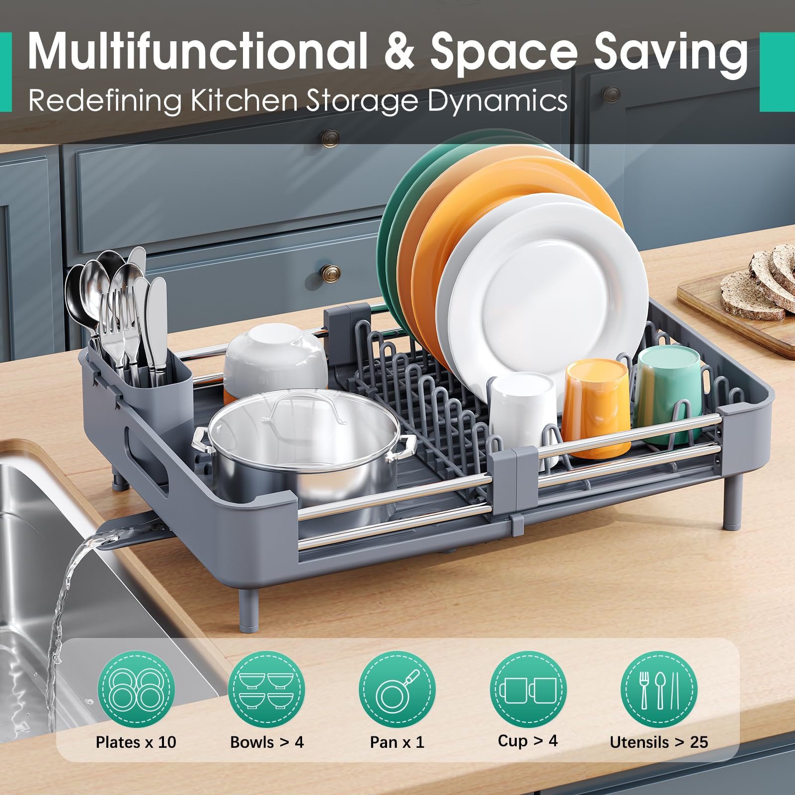 Expandable Dish Drying Rack with Cutlery Holder