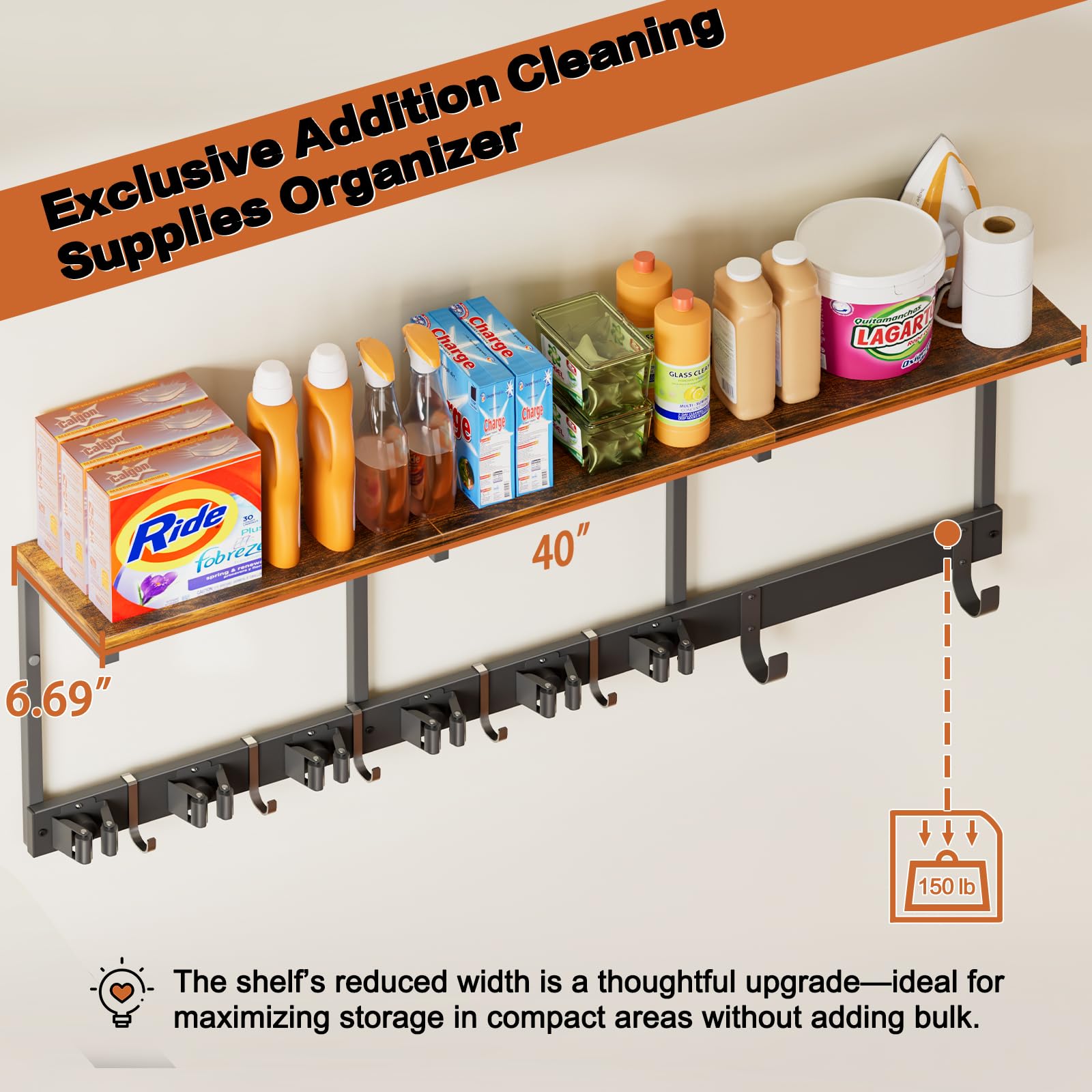 Broom Holder Wall Mount with Cleaning Supplies Organizer