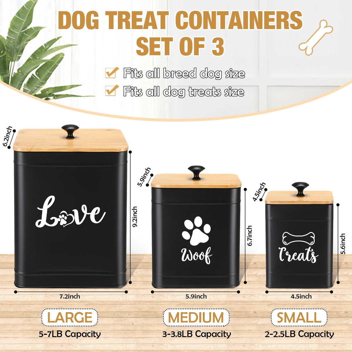 Metal Dog Treat Containers Set of 3 with Bamboo Lids and Spoon Airtight 7+3+2 lbs Dog Food Snack Jars with DIY Labels Big Pet Cookie Storage Jar for Kitchen Counter (3 Count)