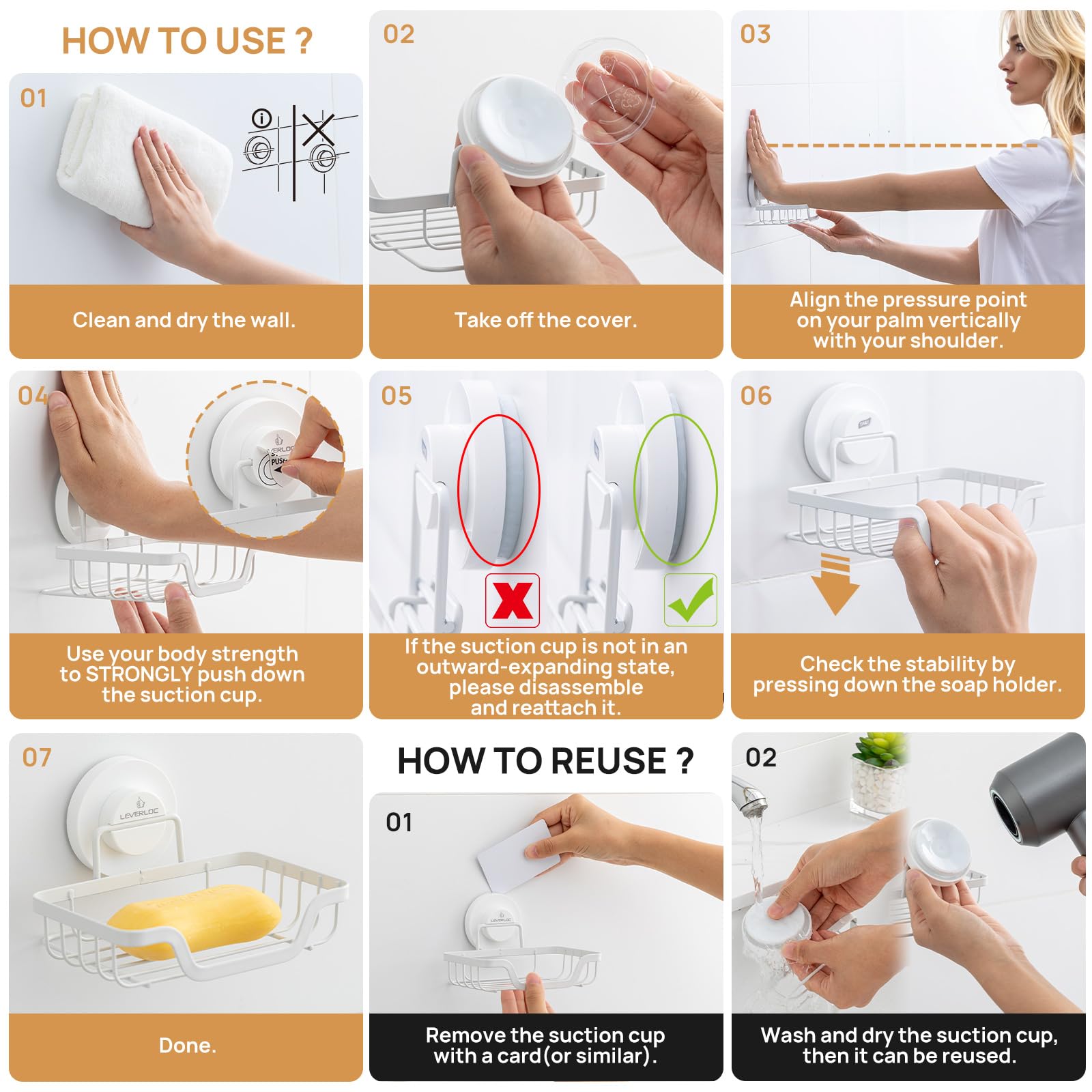 Soap Dish Soap Bar Holder for Shower Suction Cup Wall Mounted