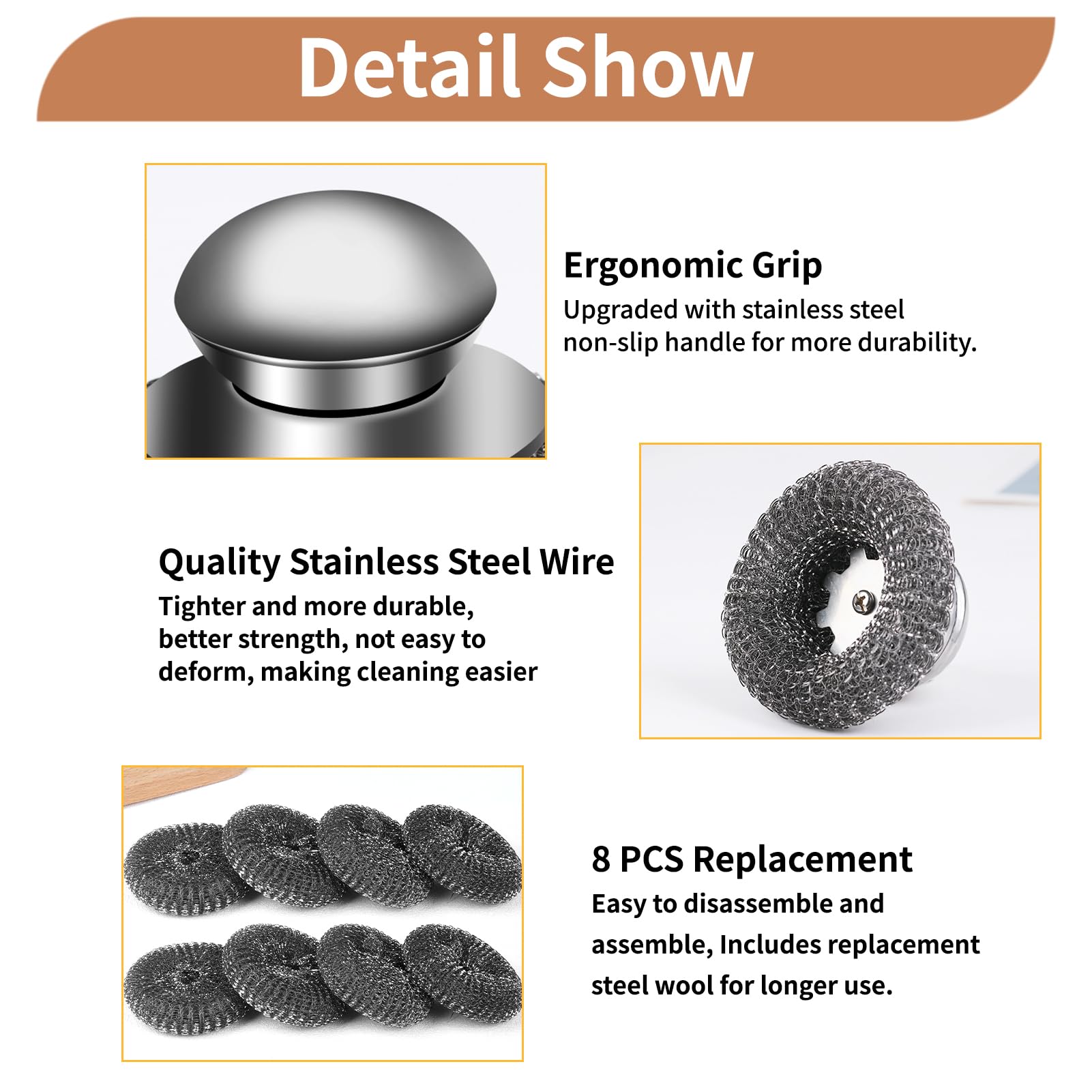 9Pcs Steel Wool Scrubber with Replacement Wire Sponge Pads Set (9 Count)