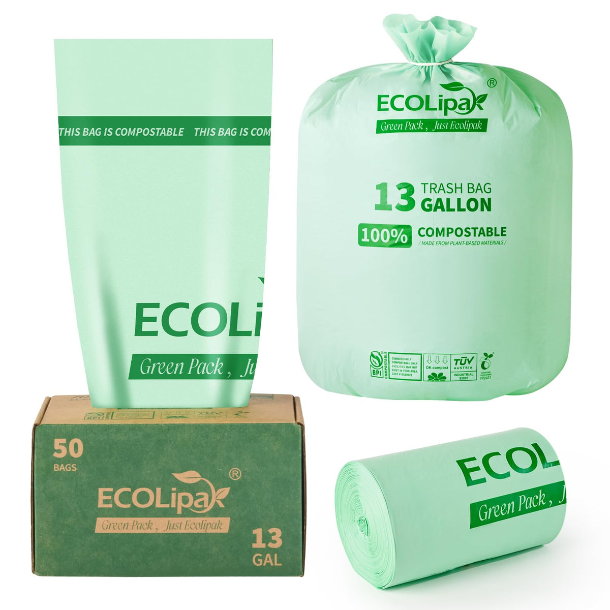 13 Gallon 50 Count Compostable Kitchen Trash Garbage Bags