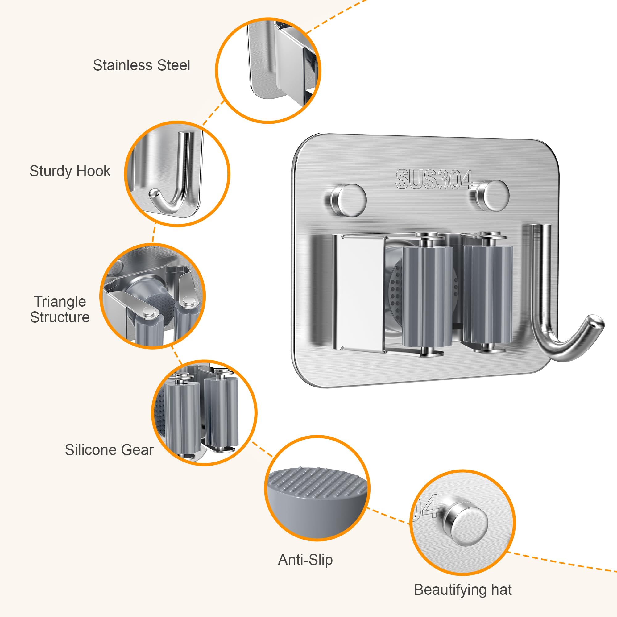 4 Pack Stainless Steel Heavy Duty Broom Holder Wall Mount with Hook (4 Count)